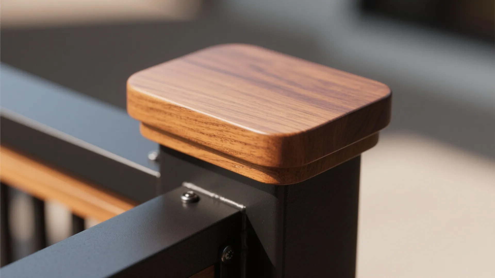Warm wood cap with matte-black steel posts