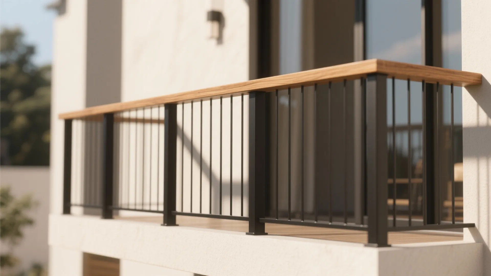 Matte-black balcony frame with a continuous thermally modified wood cap rail and slender pickets.