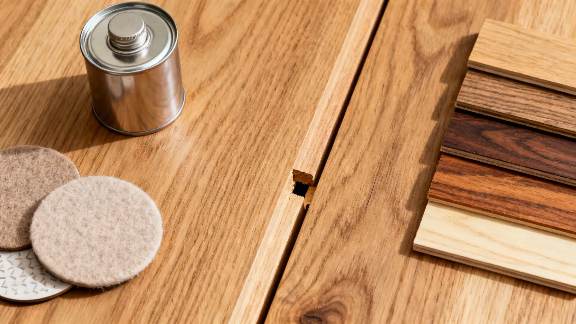 Wood care items and species swatches on a solid oak surface for maintaining furniture