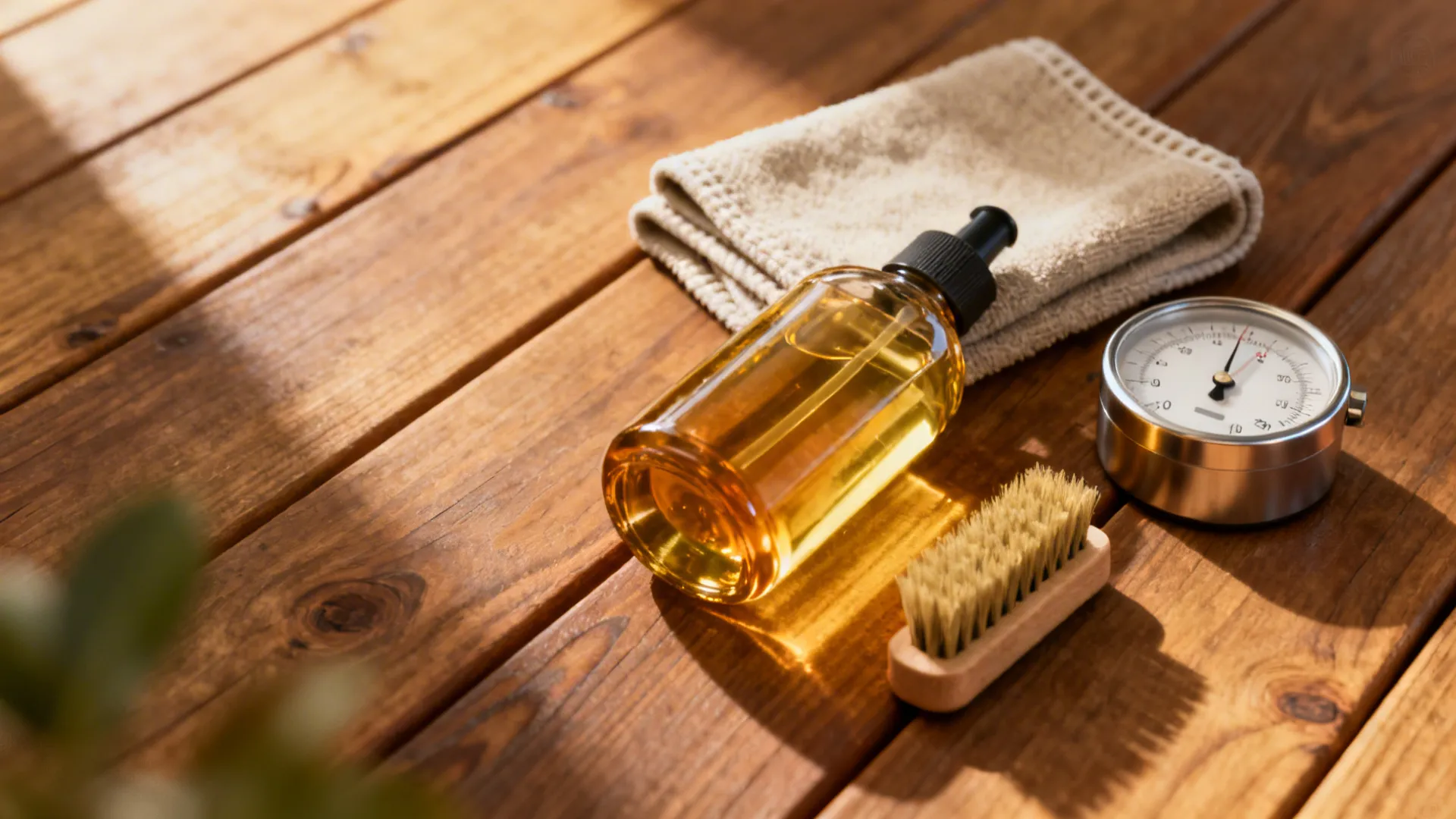 Wood care products and tools for maintaining ceilings: oil, cloth, brush and humidity gauge