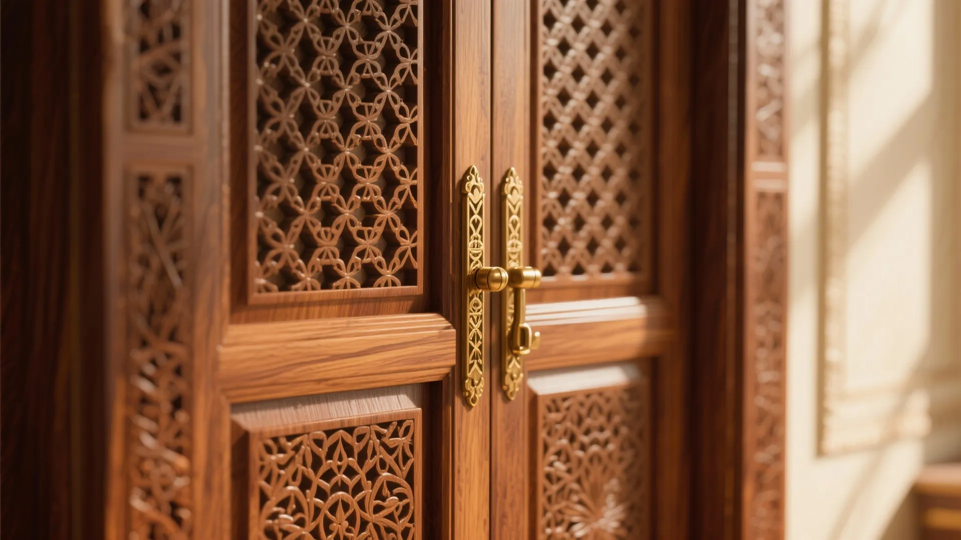 Warm wood doors and subtle carving details