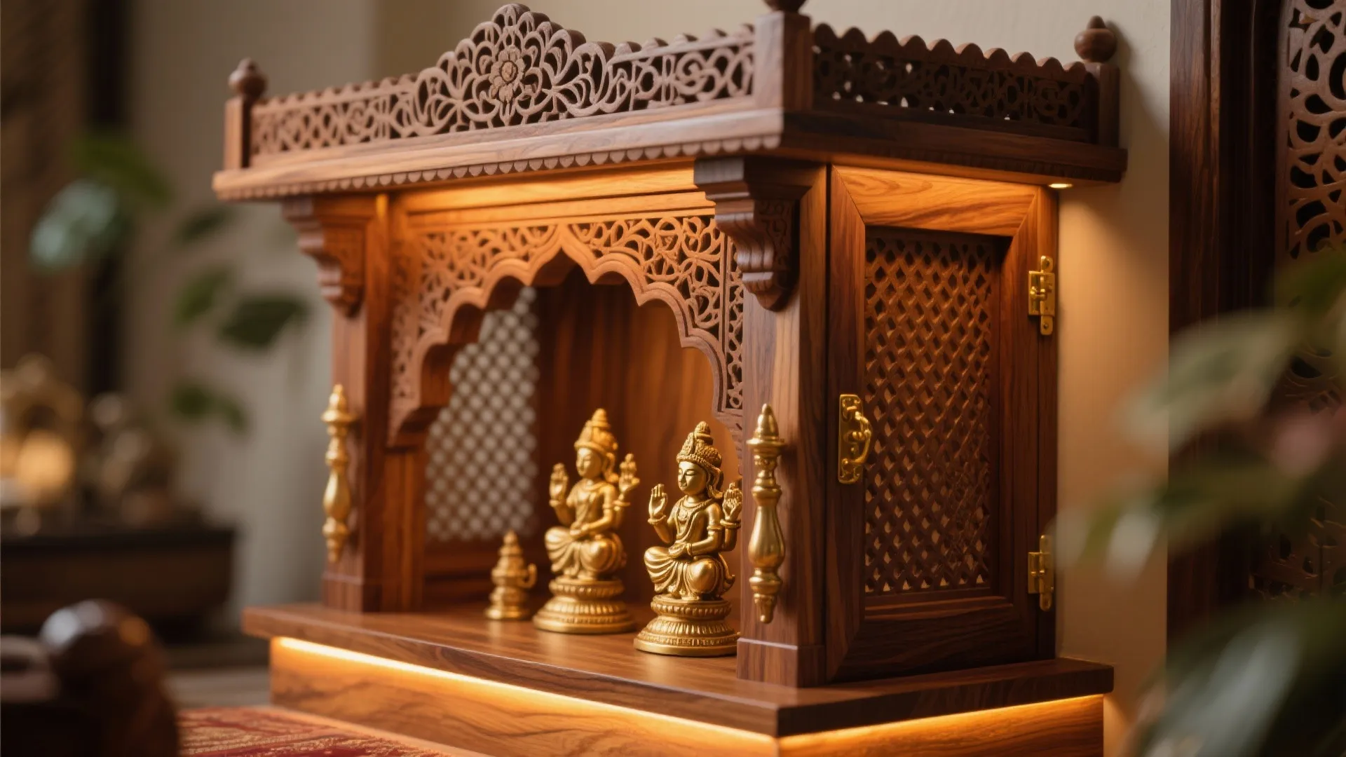 Warm wooden mandir with carved details