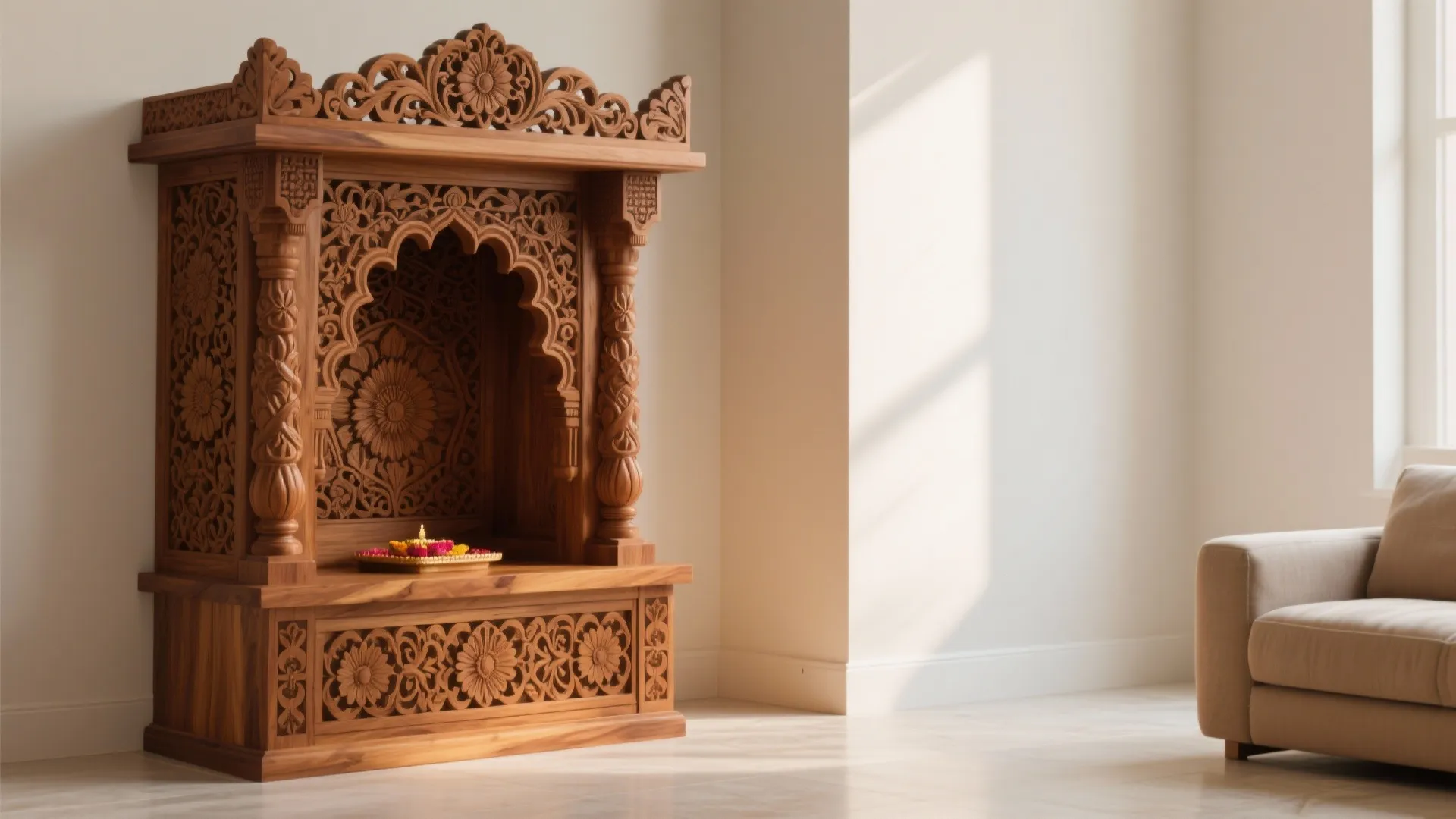 Intricately carved wood temple unit placed against white wall in a bright modern living room