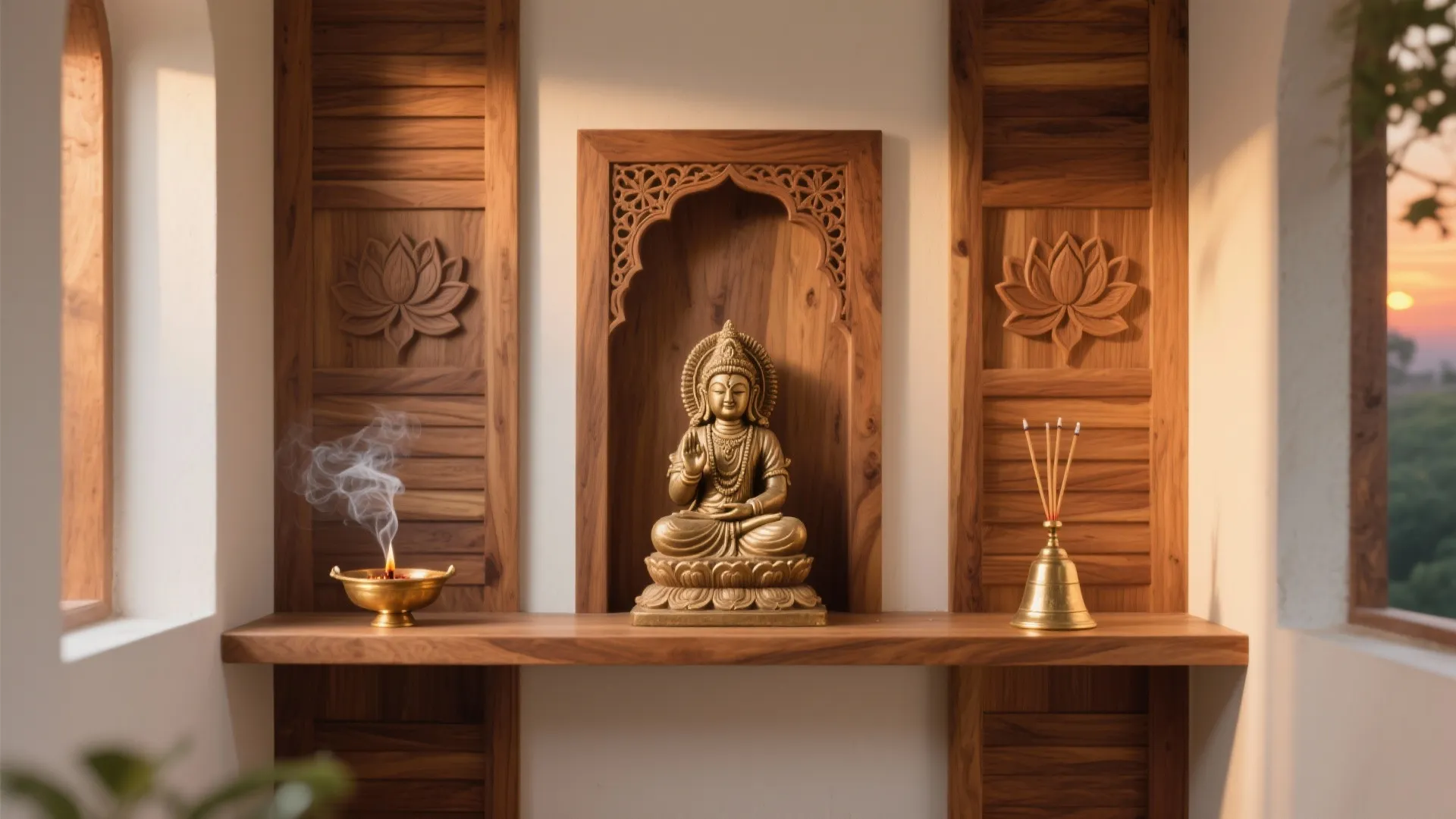 Gold Buddha statue on wooden shelf with carved lotus wall panels and burning incense sticks