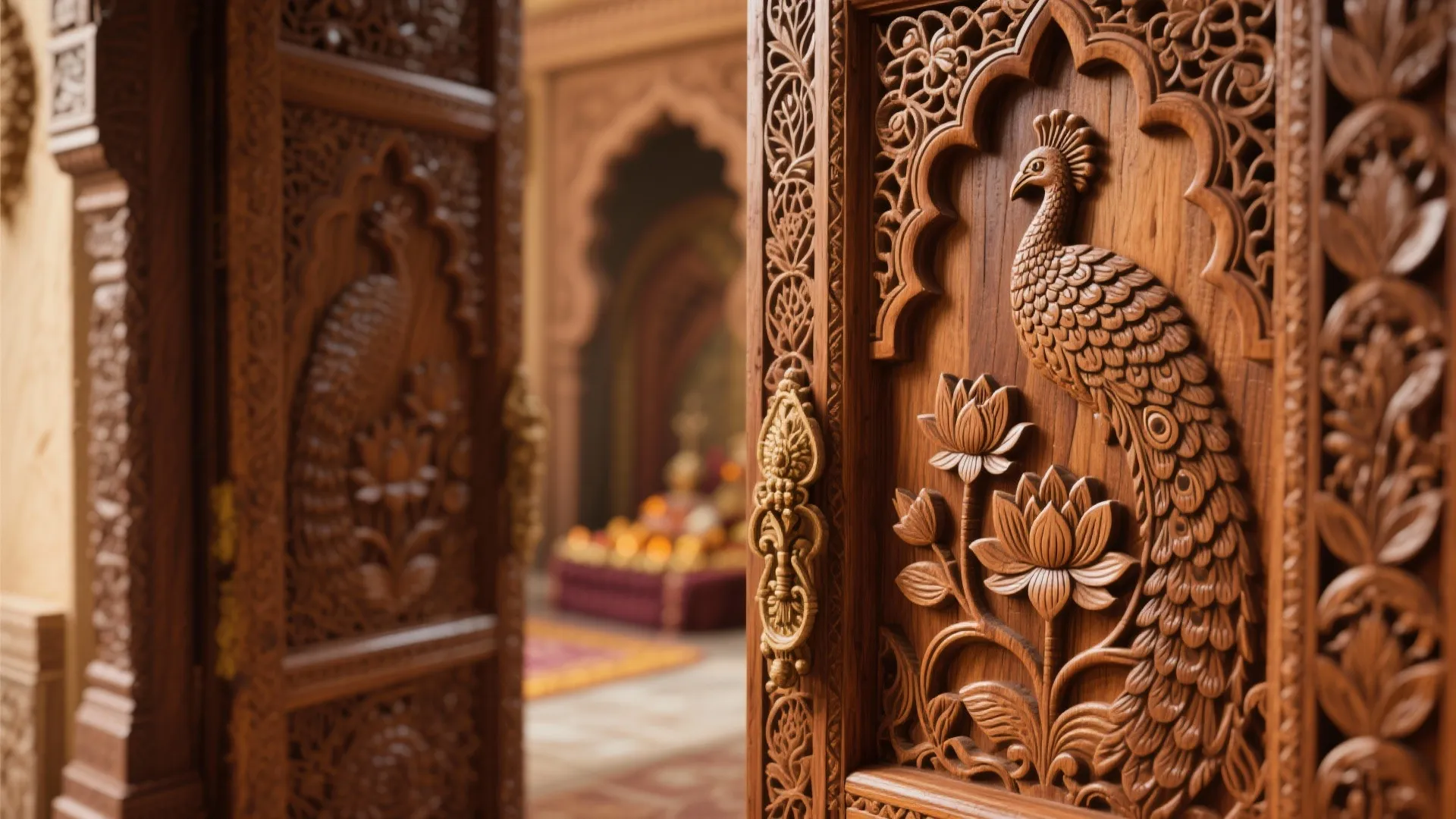 Intricate wooden door featuring a carved peacock and flower design in a traditional prayer room