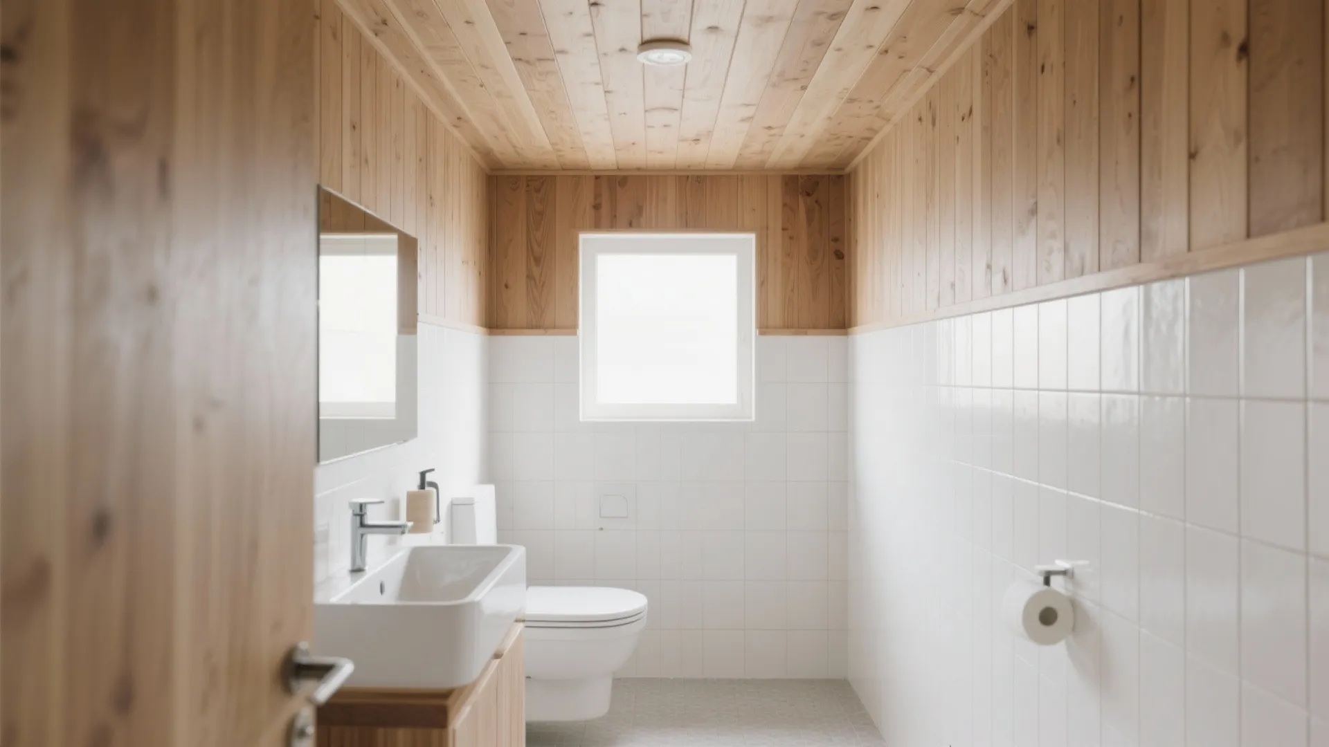 Bright bathroom with wood plank ceiling white wall tiles sink mirror toilet and a window