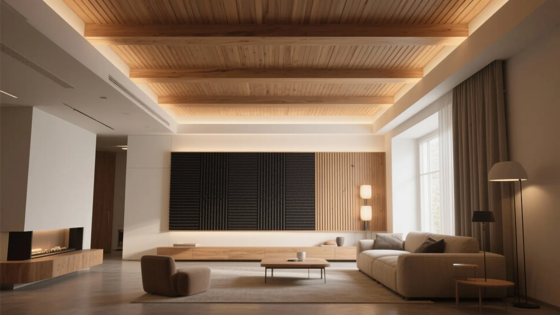 Modern living room featuring a warm wood ceiling with beams cream sofa and soft lighting