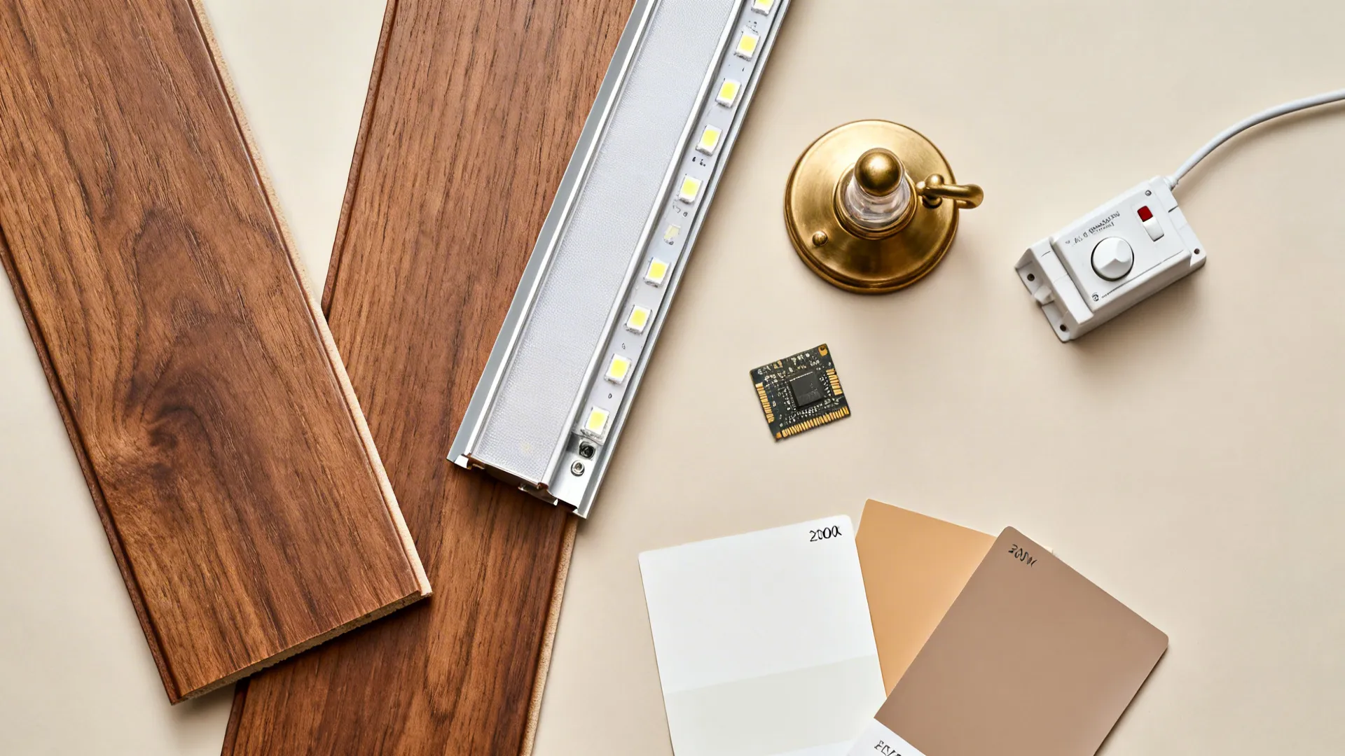 Top-down material set with walnut PVC planks, LED profile, warm LED strip, and paint swatches.