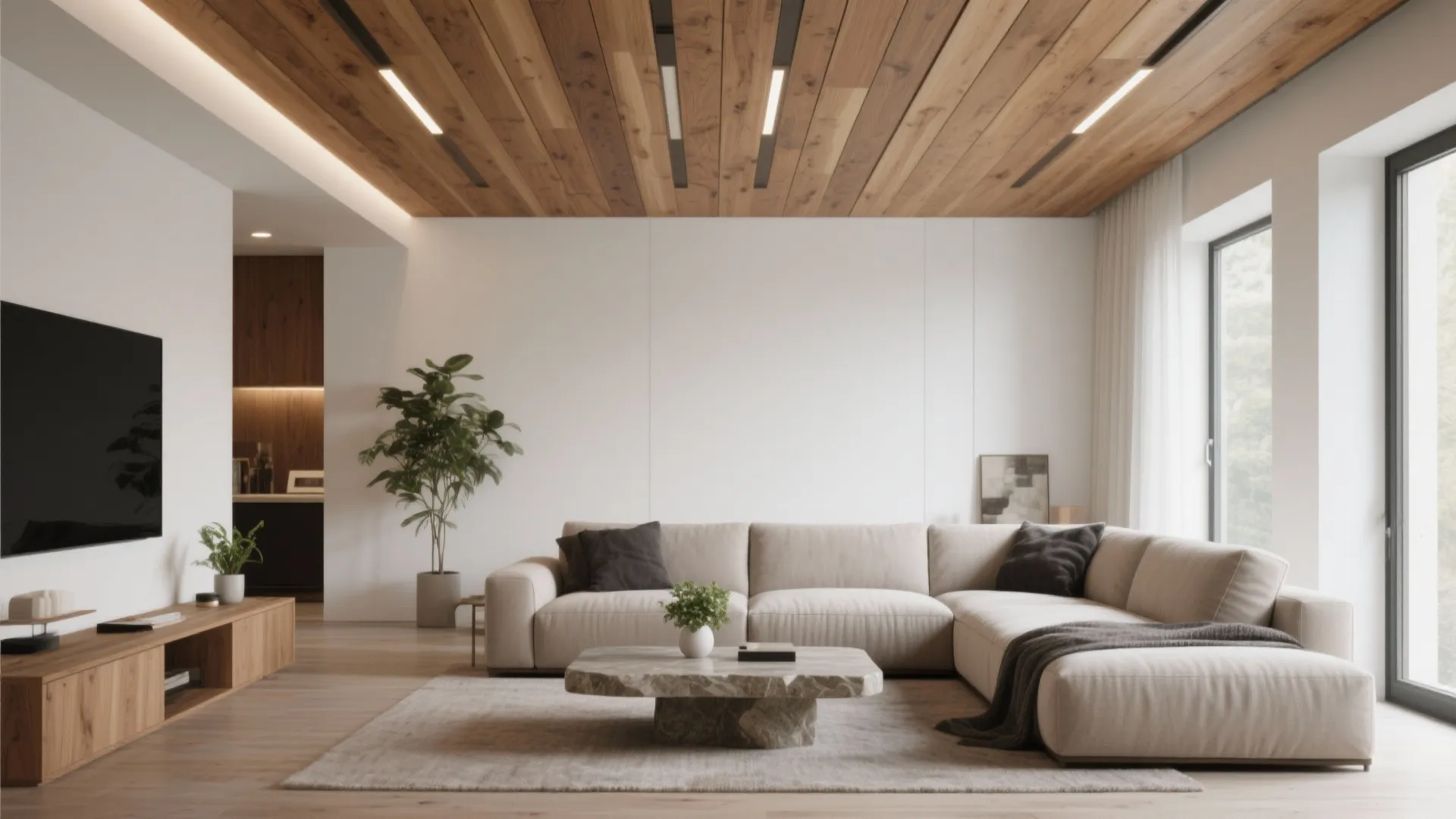 Spacious living room with wood ceiling panels cream sectional sofa stone coffee table and plants
