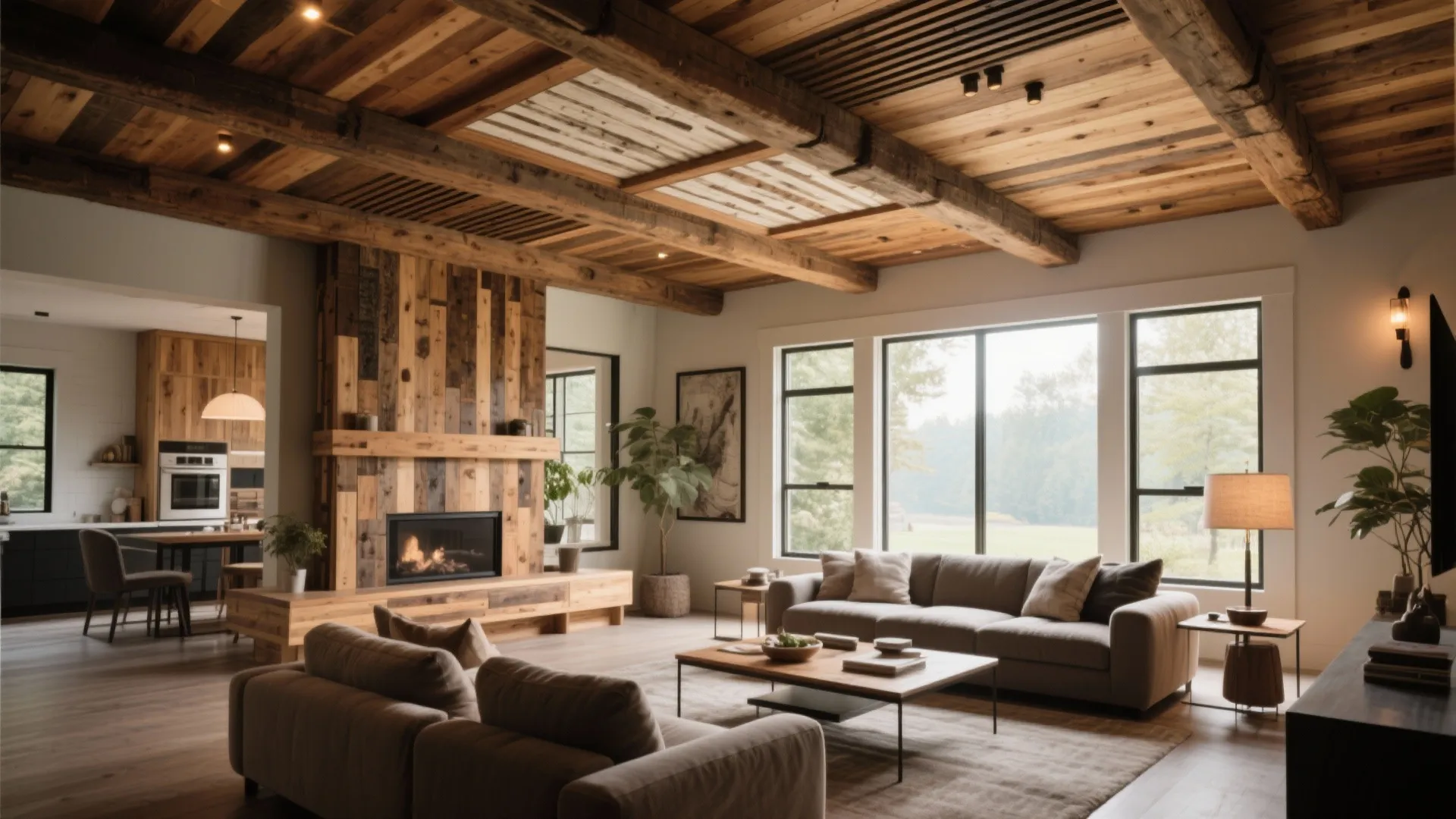 Rustic living room with wood ceiling beams a large fireplace cozy sofas and natural light