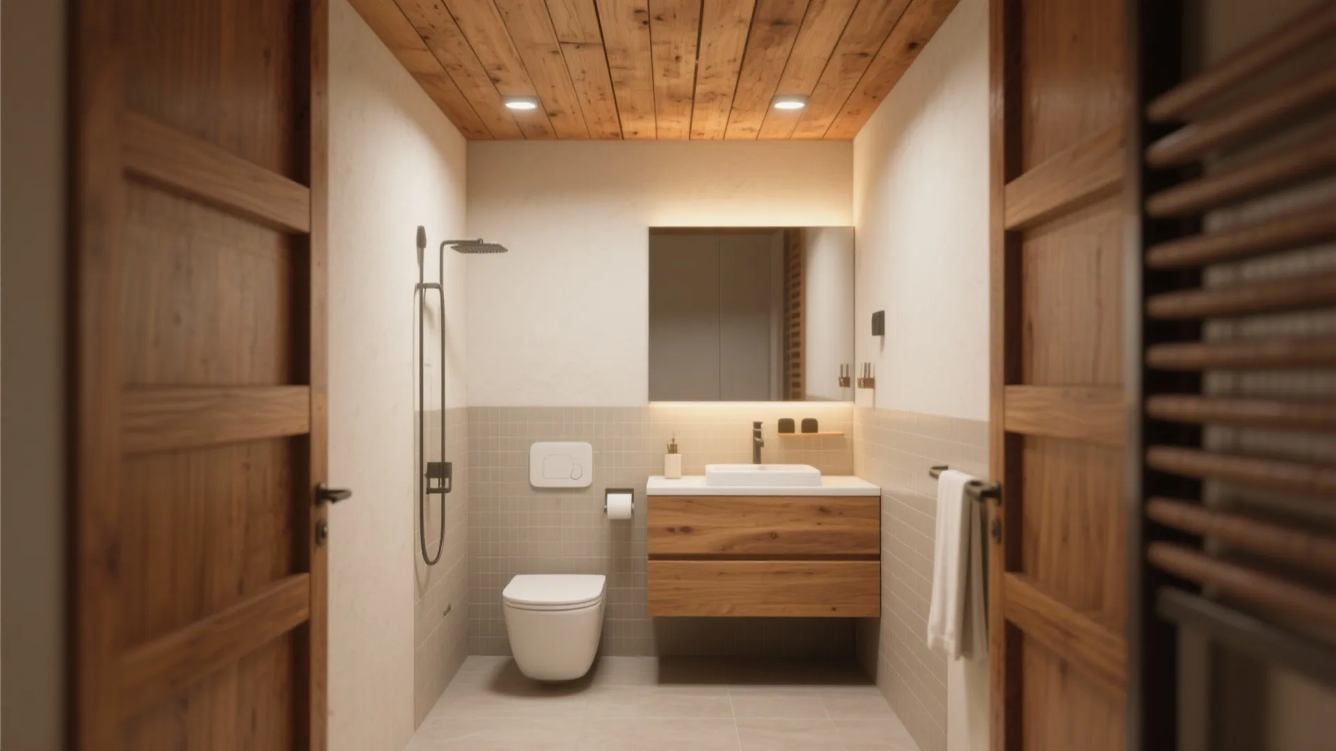 5. Wood ceilings and floating vanities as accents