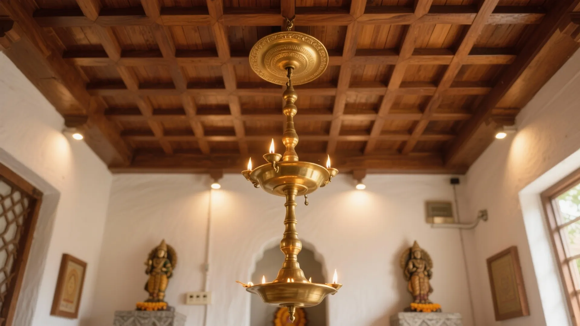 Brass ceiling light hanging from dark wood panel ceiling in a white room with statues