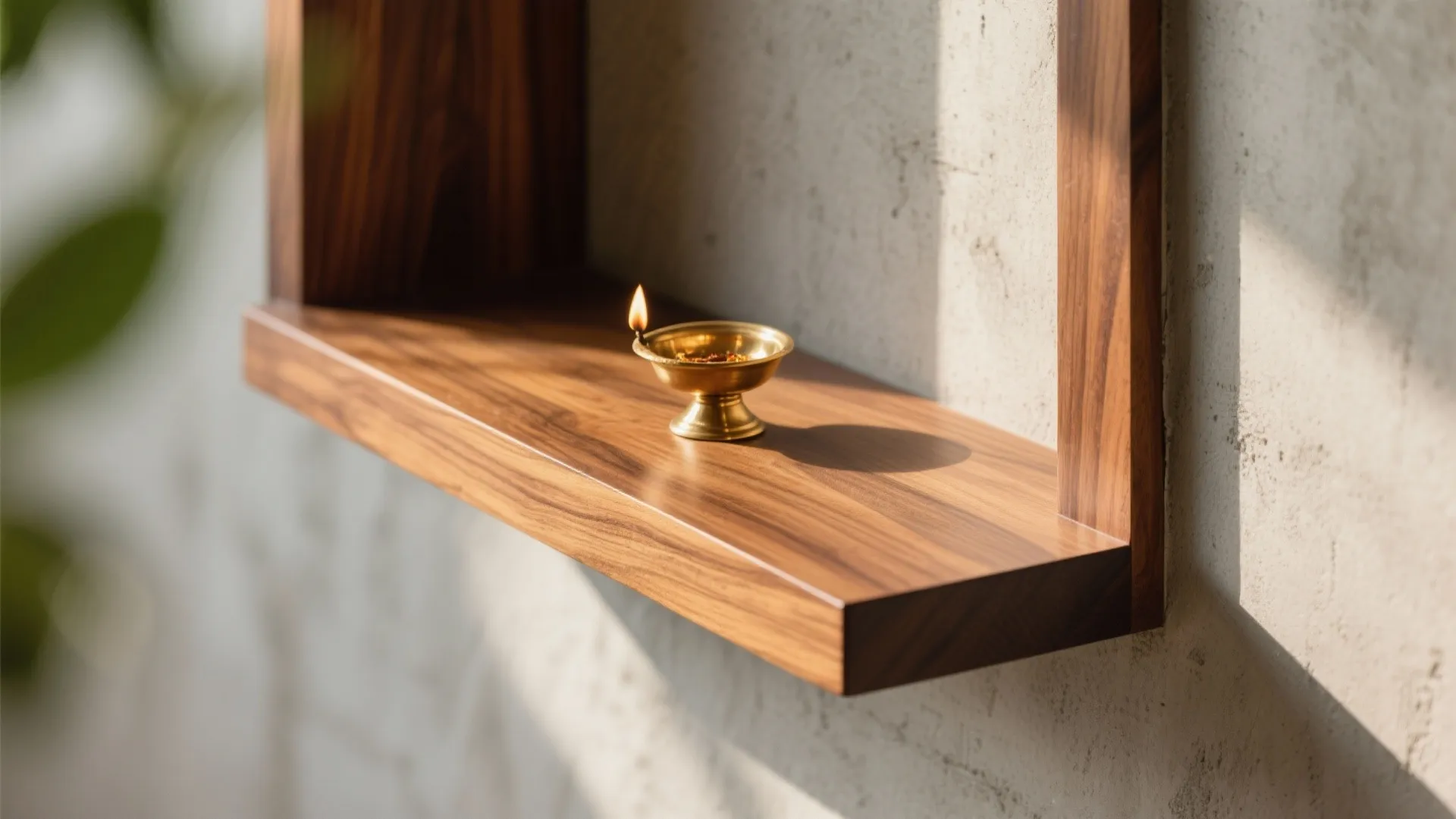 Brass oil lamp with flame sitting on dark wood shelf against light grey cement wall