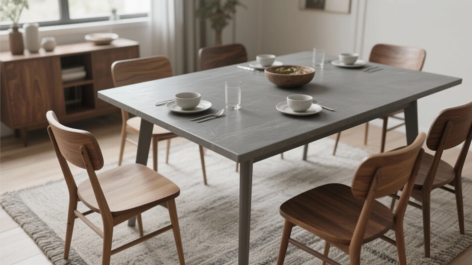 1. Mix warm wood chairs with a cool grey table
