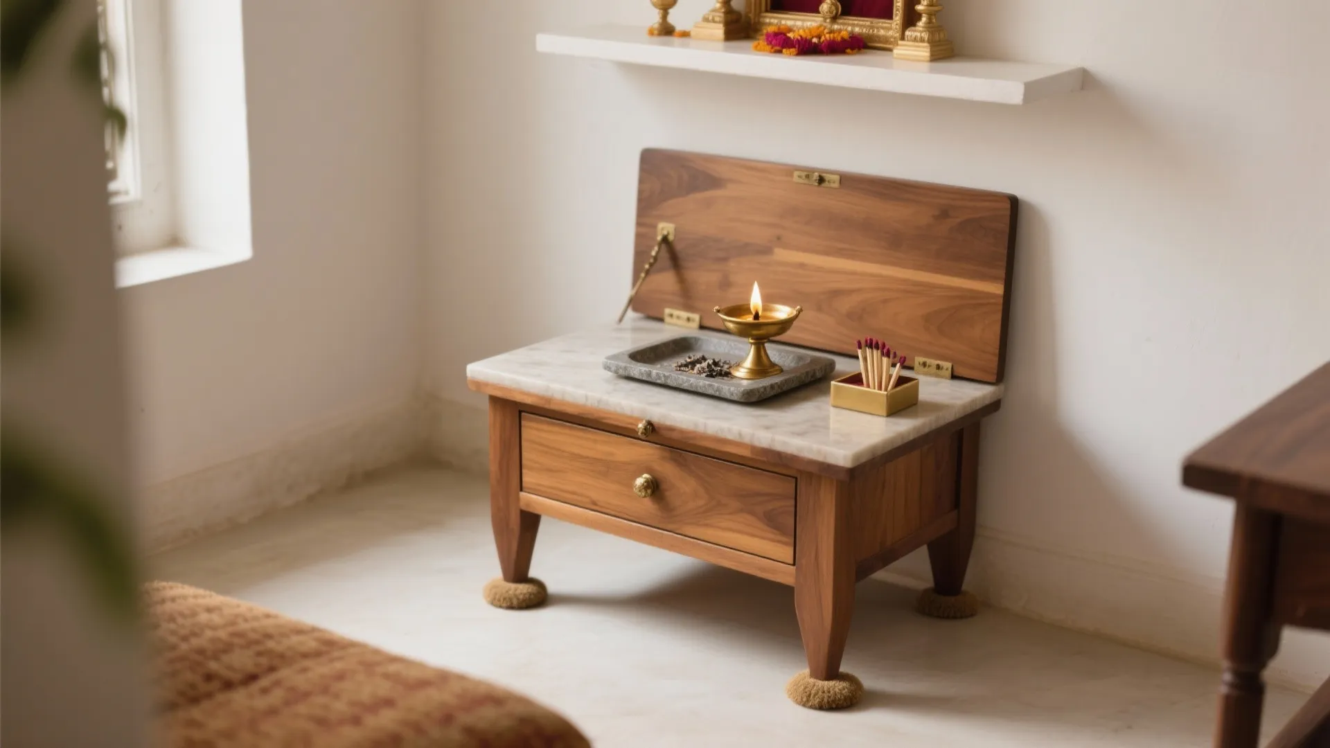 Minimal wooden chowki with hidden storage