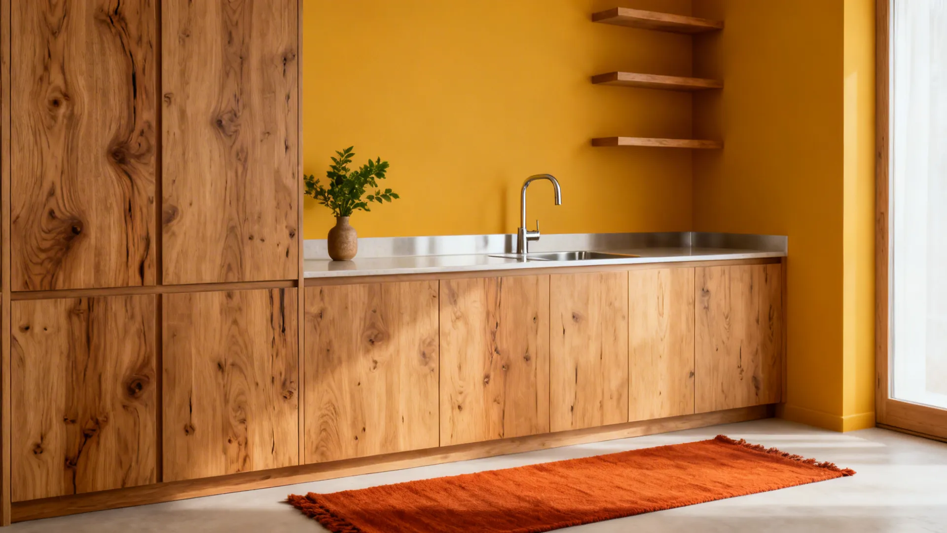 Oak-front micro-kitchen with a marigold wall and a rusty-orange runner.