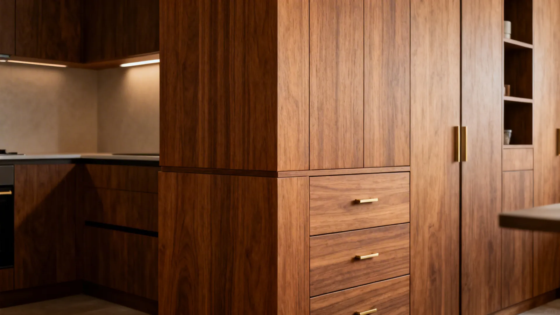 Modern wooden kitchen cabinets with gold handles and a large natural wood wall panel design
