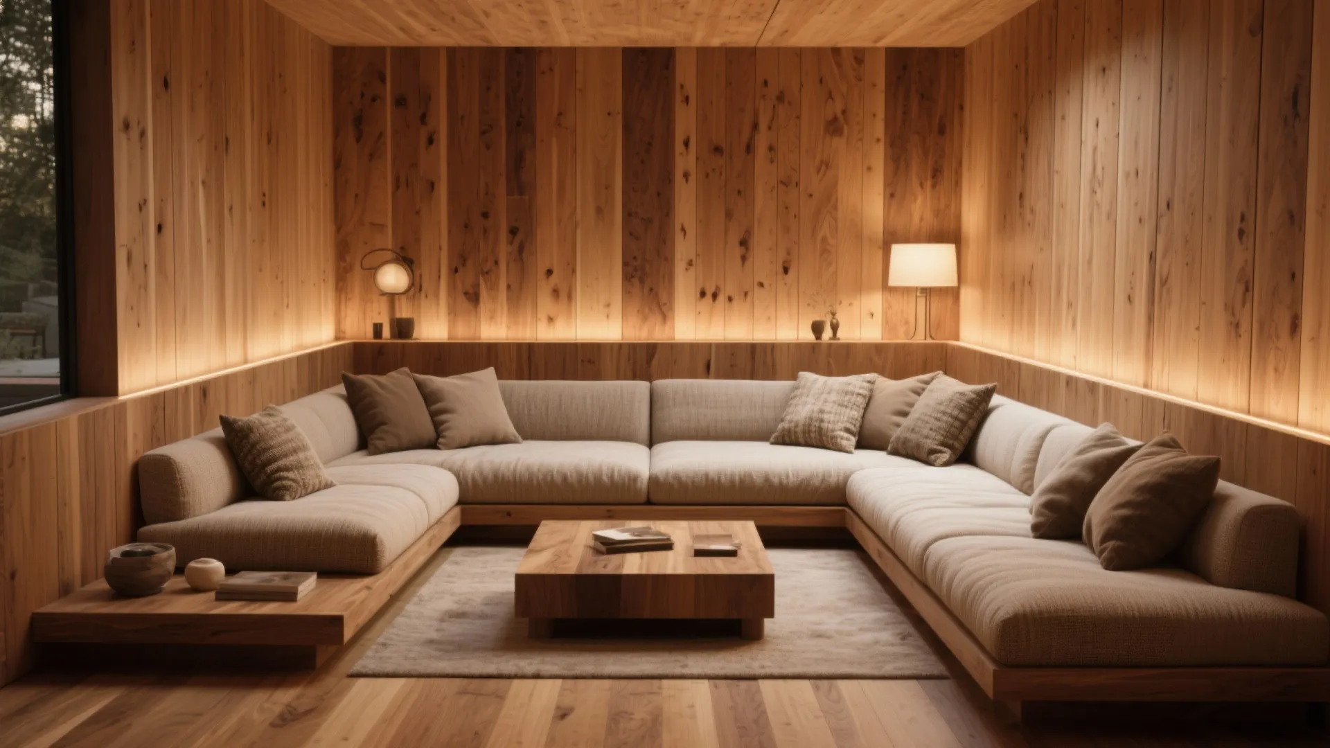 Cozy room with wood wall panels large beige sofa wooden coffee table and warm hidden lighting