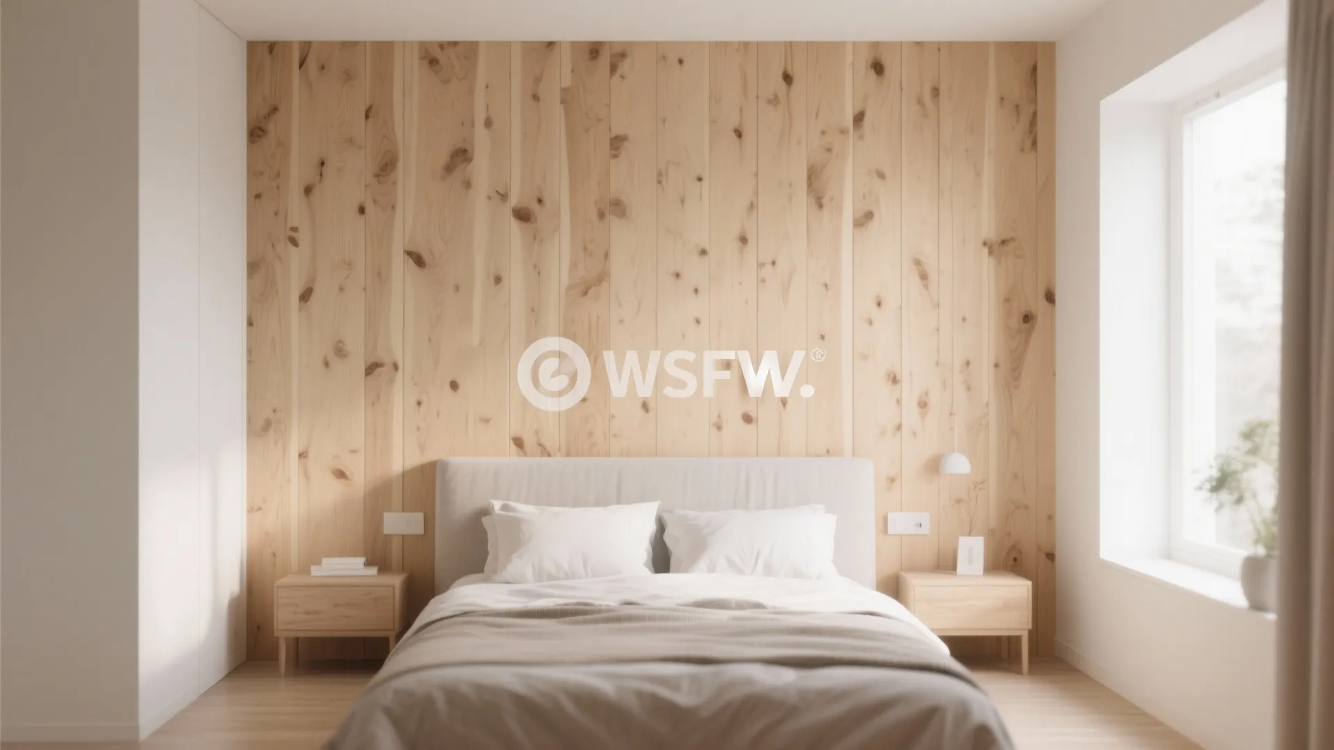 Minimalist bedroom with light wood wall panel behind white bed two wooden side tables sunlight