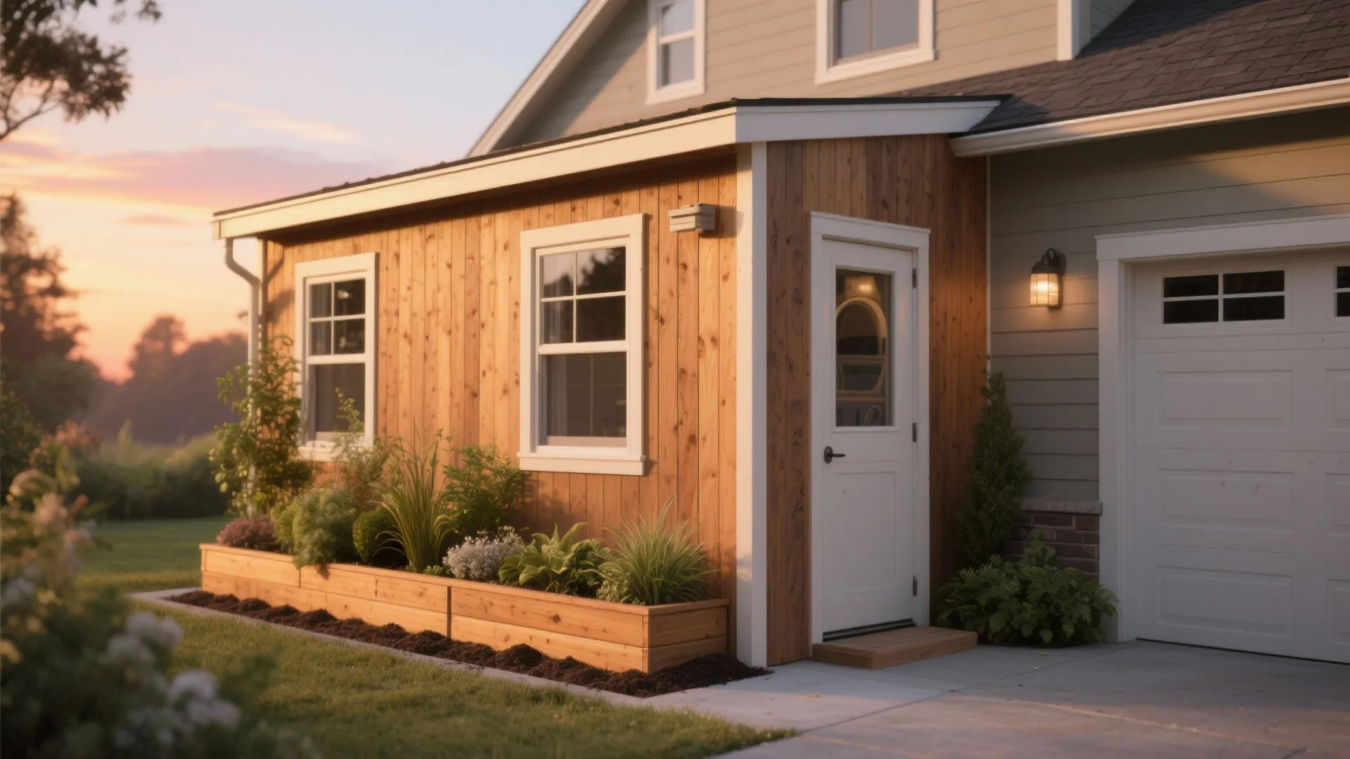 Wood cladding and integrated planters for insulation and curb appeal