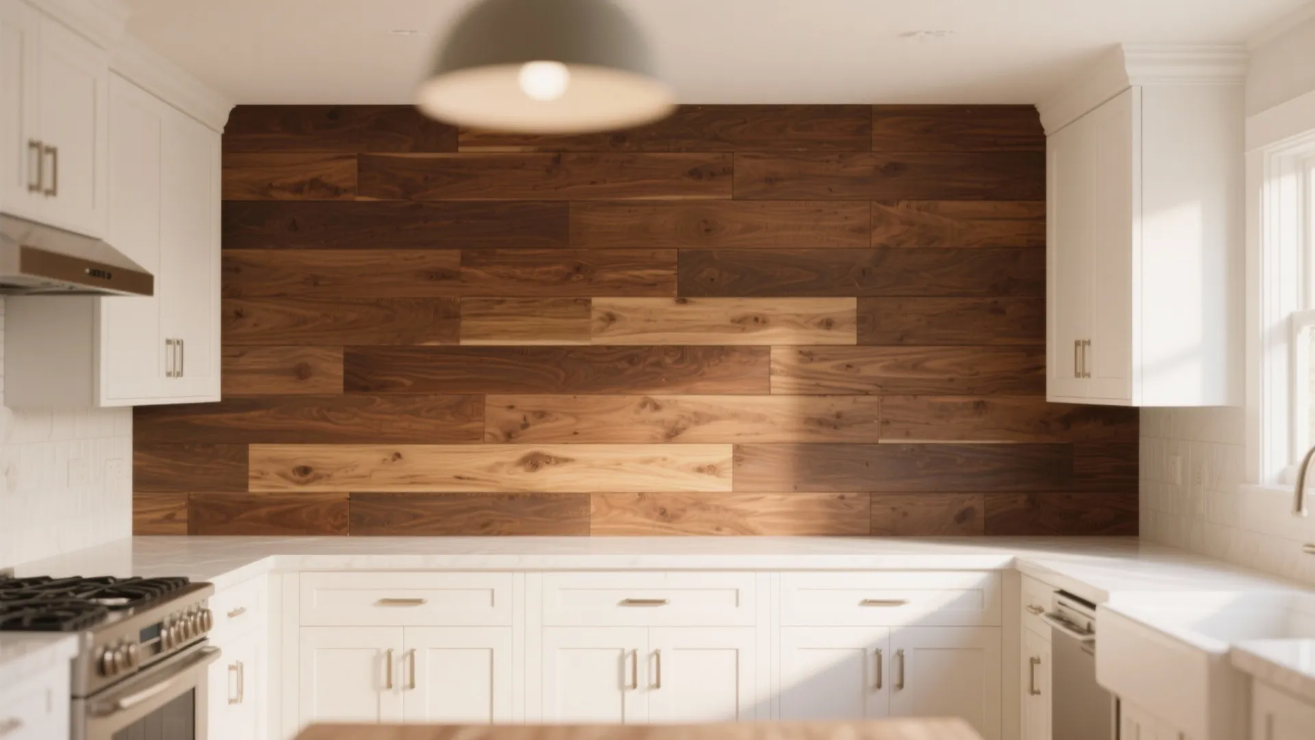 Walnut wood cladding accent wall in a bright kitchen