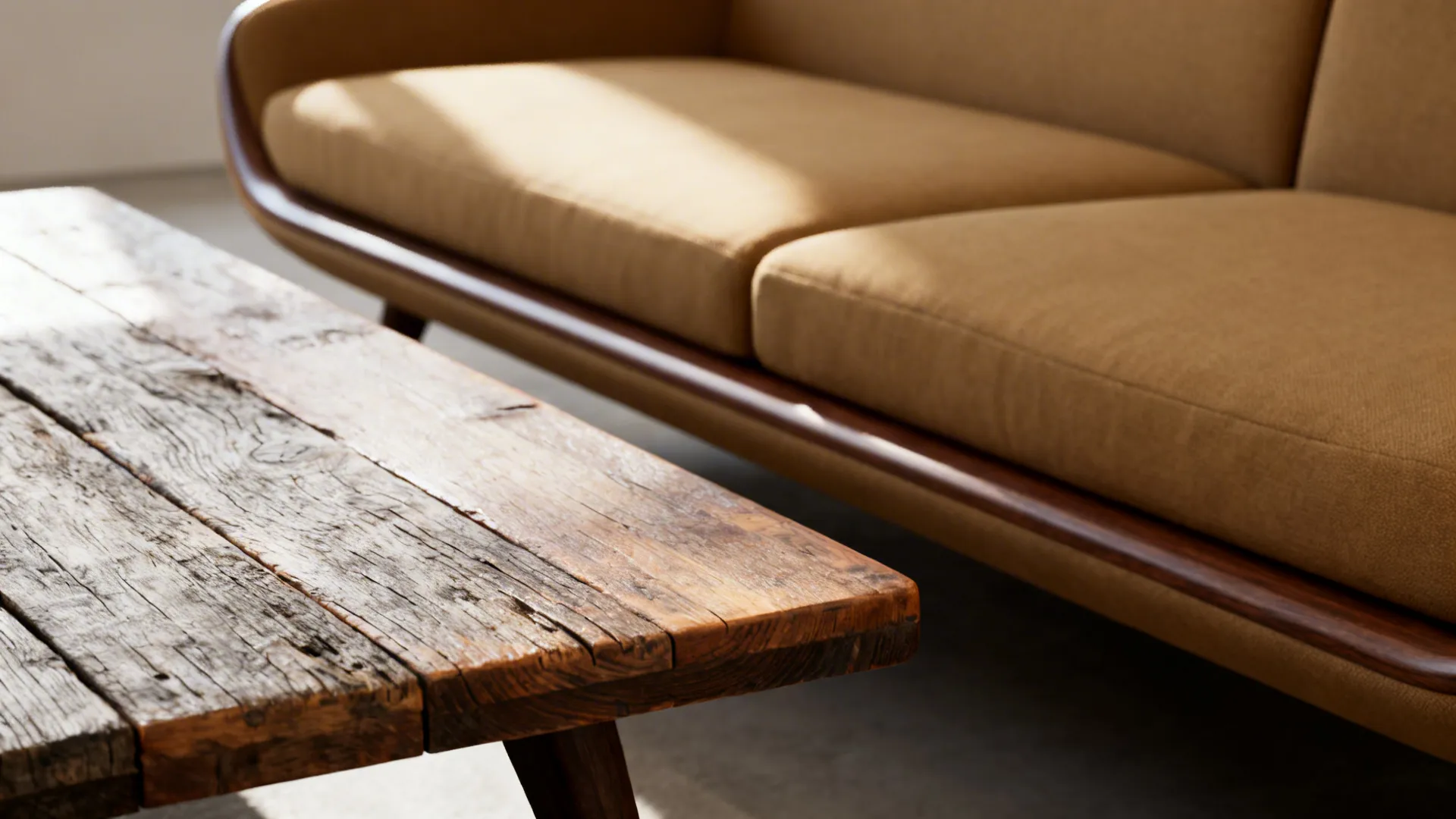 Close-up of reclaimed wood coffee table next to a streamlined neutral sofa showing grain and fabric texture.
