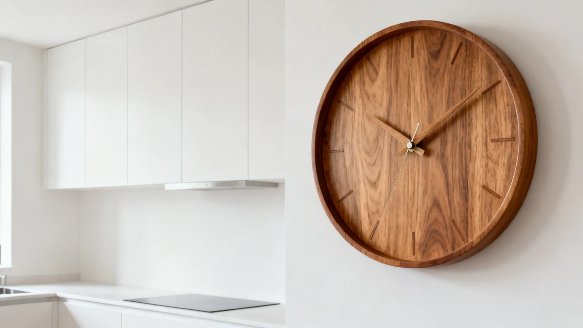 Before-and-after small kitchen wall showing impact of an oversized oak clock.