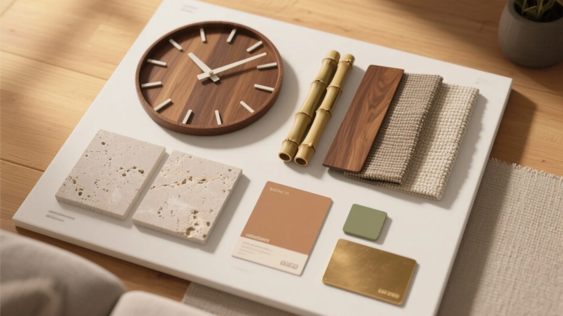 Interior design mood board with wooden wall clock bamboo sticks fabric samples and stone tiles