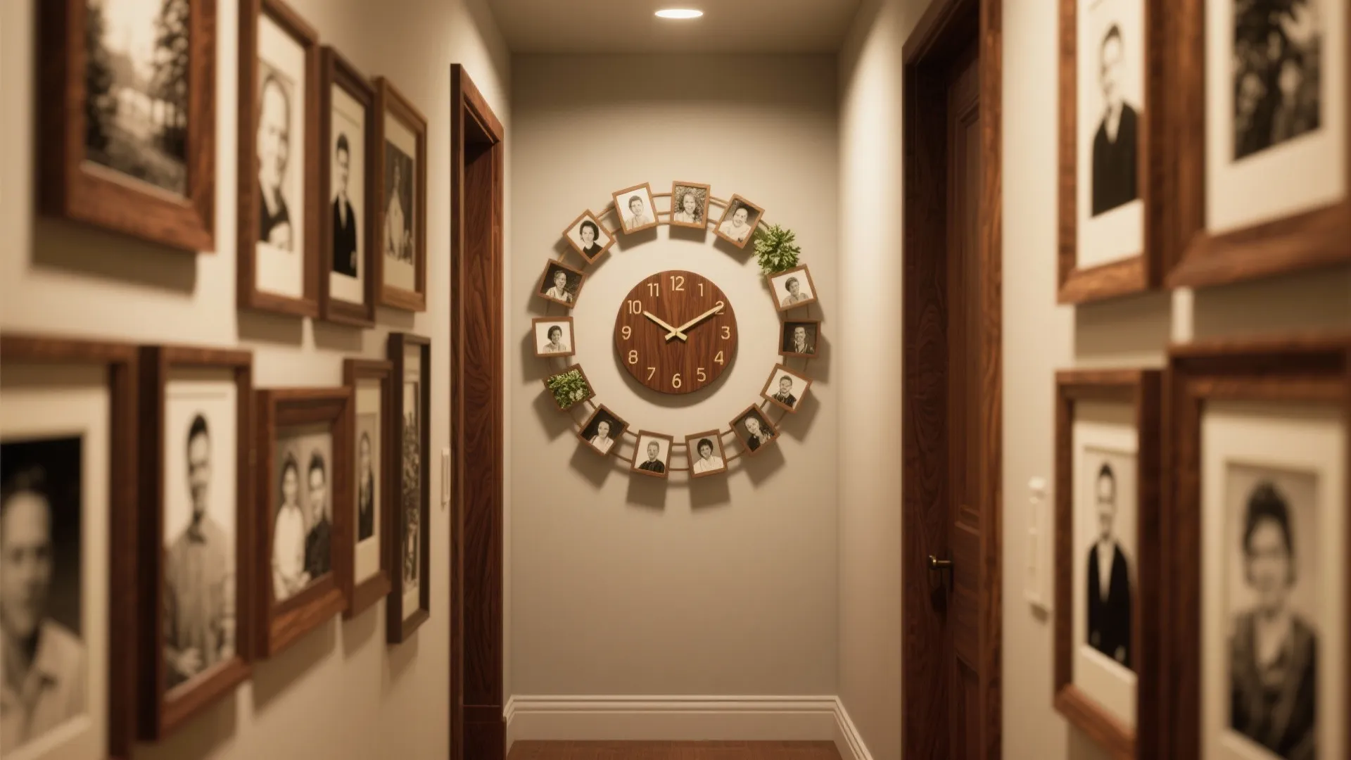 Narrow hallway with many framed photos on walls and wooden clock featuring circular photo frames