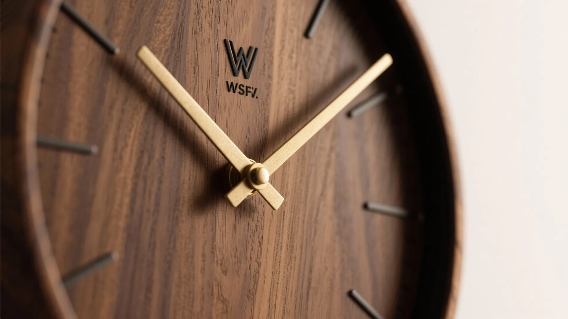 Close up view of a dark wooden clock with gold hands and black brand logo