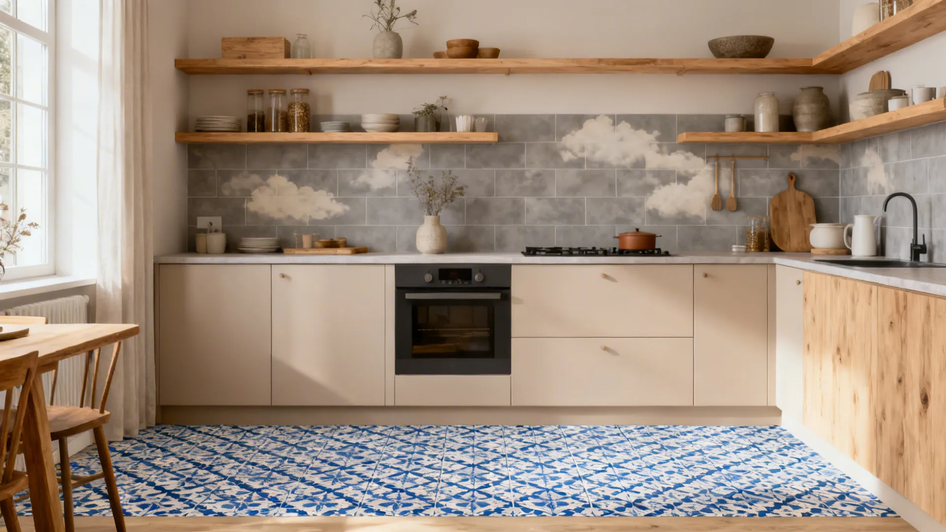 Modern kitchen with cream cabinets wood open shelves cloud pattern wall tiles and blue floor