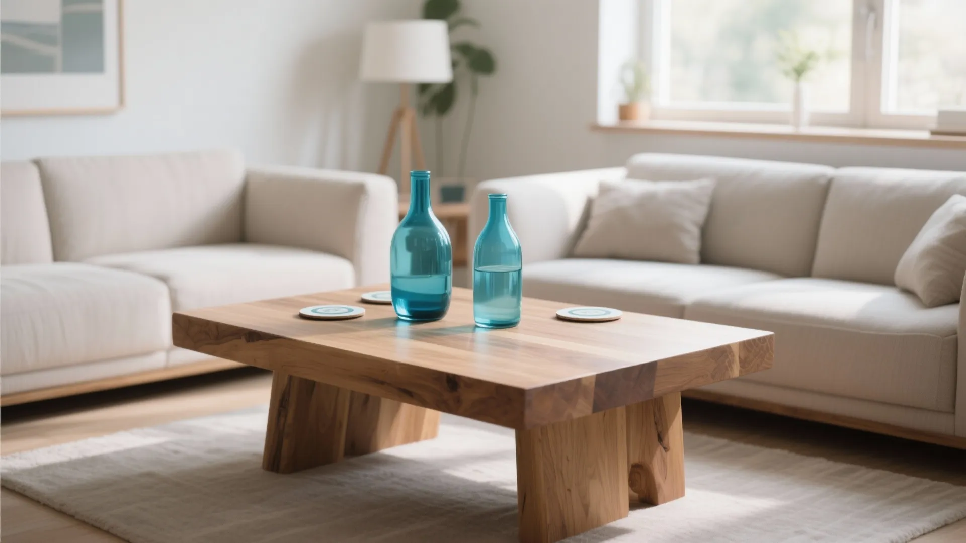 Wood coffee table with two blue glass bottles in bright living room with beige sofas