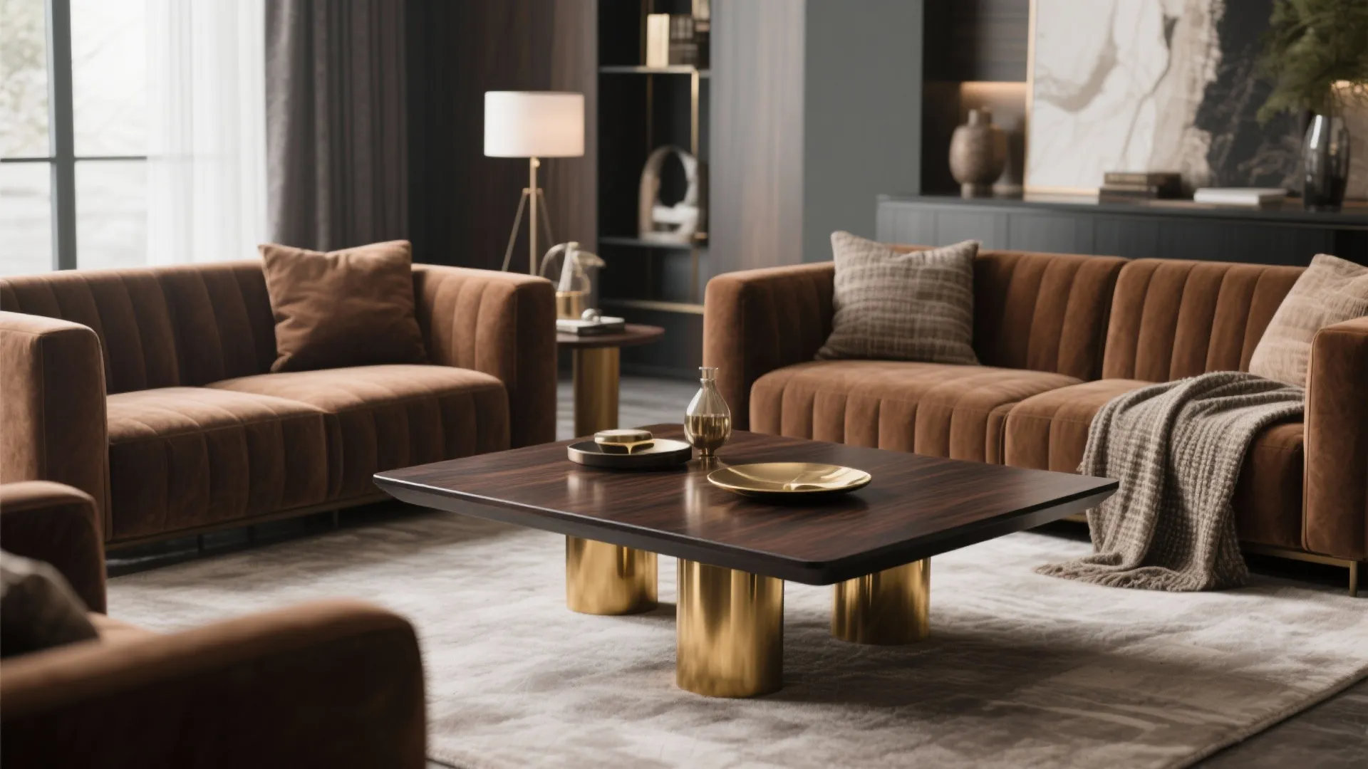 Dark Wood Coffee Table with Gold Base