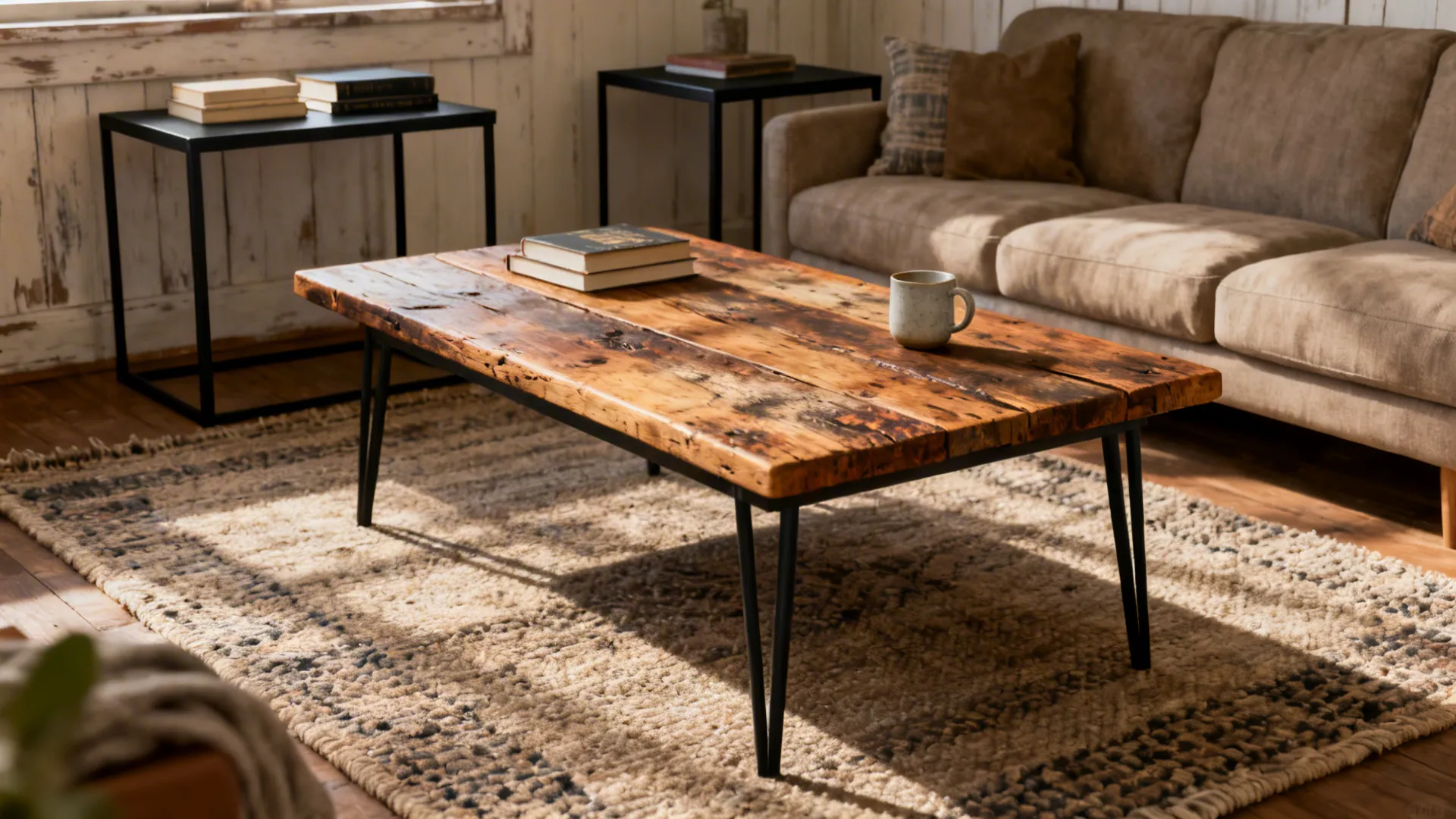 2. Mix of Rustic Wood Coffee Table + Metal Frame Side Tables