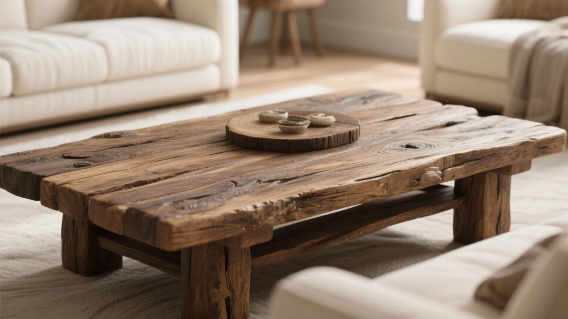Rustic wooden coffee table with natural grain and texture placed on a soft neutral rug