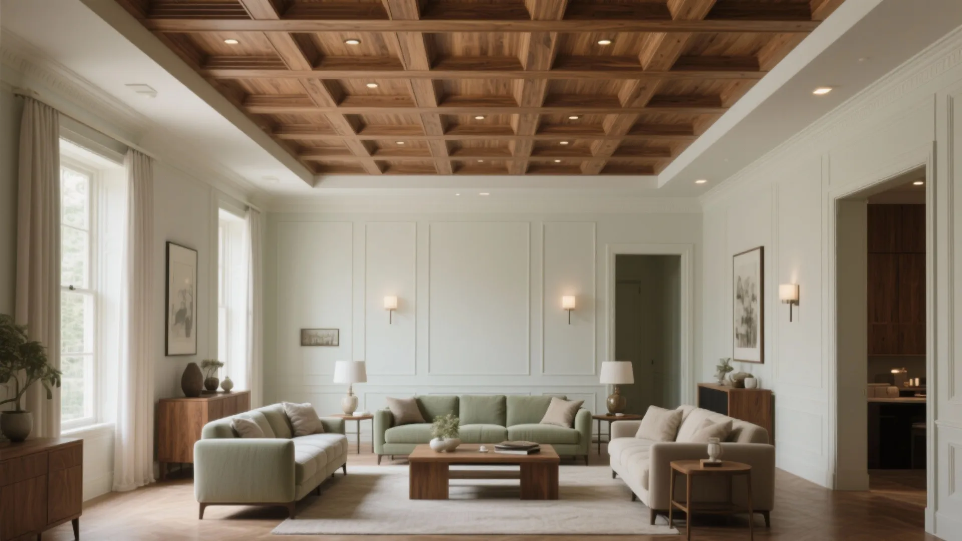 Shallow Coffered Ceiling in Warm Wood