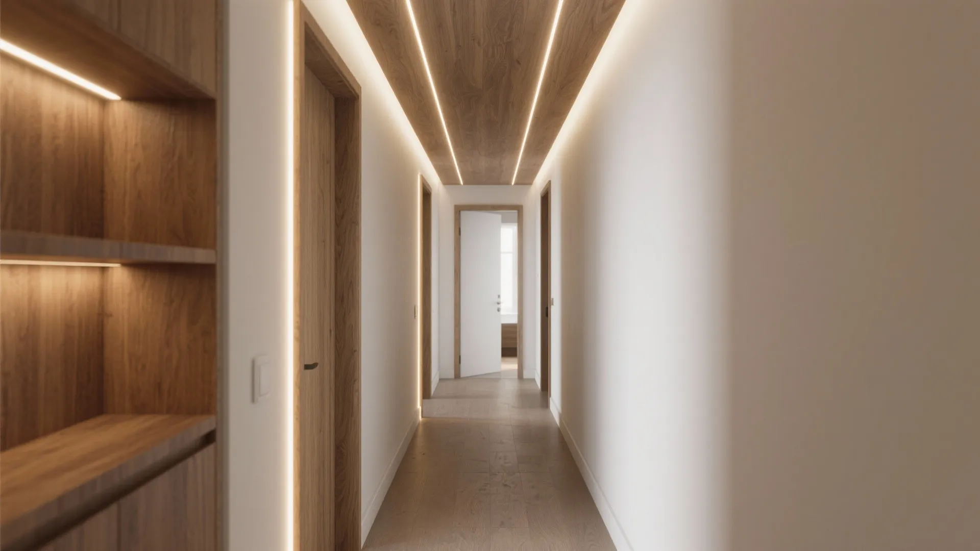 Narrow hall with shallow oak coffers and slim linear LED guiding movement.