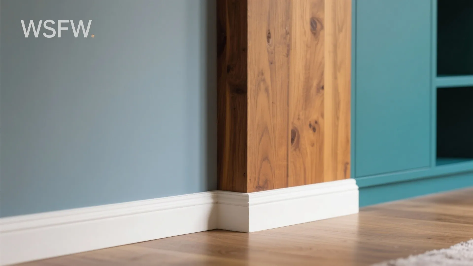 Close up of white wall panel trim meeting wooden wall surface and light blue wall