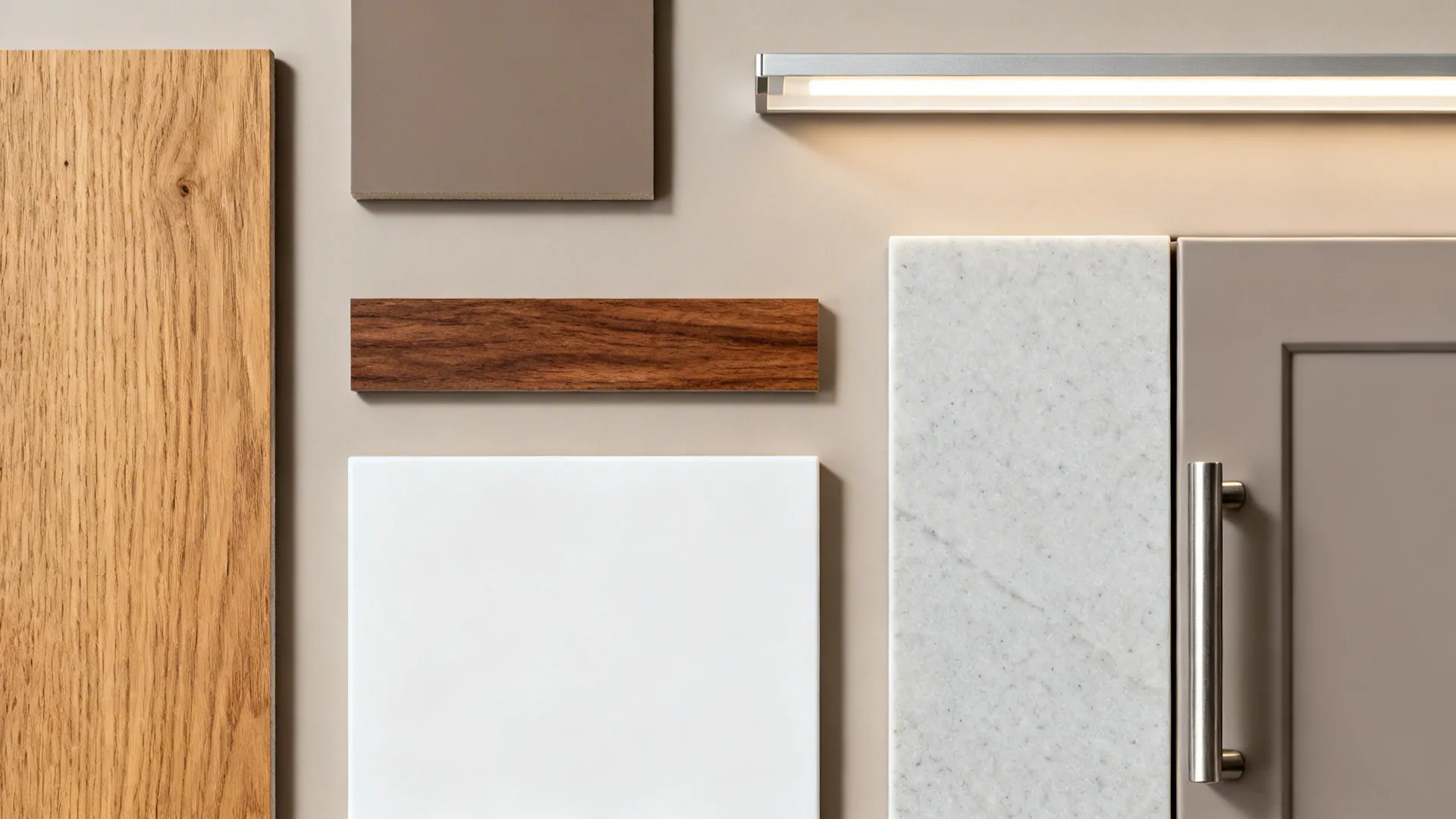 Material flat lay with oak and walnut samples, matte cabinet finish, and thin quartz slabs.