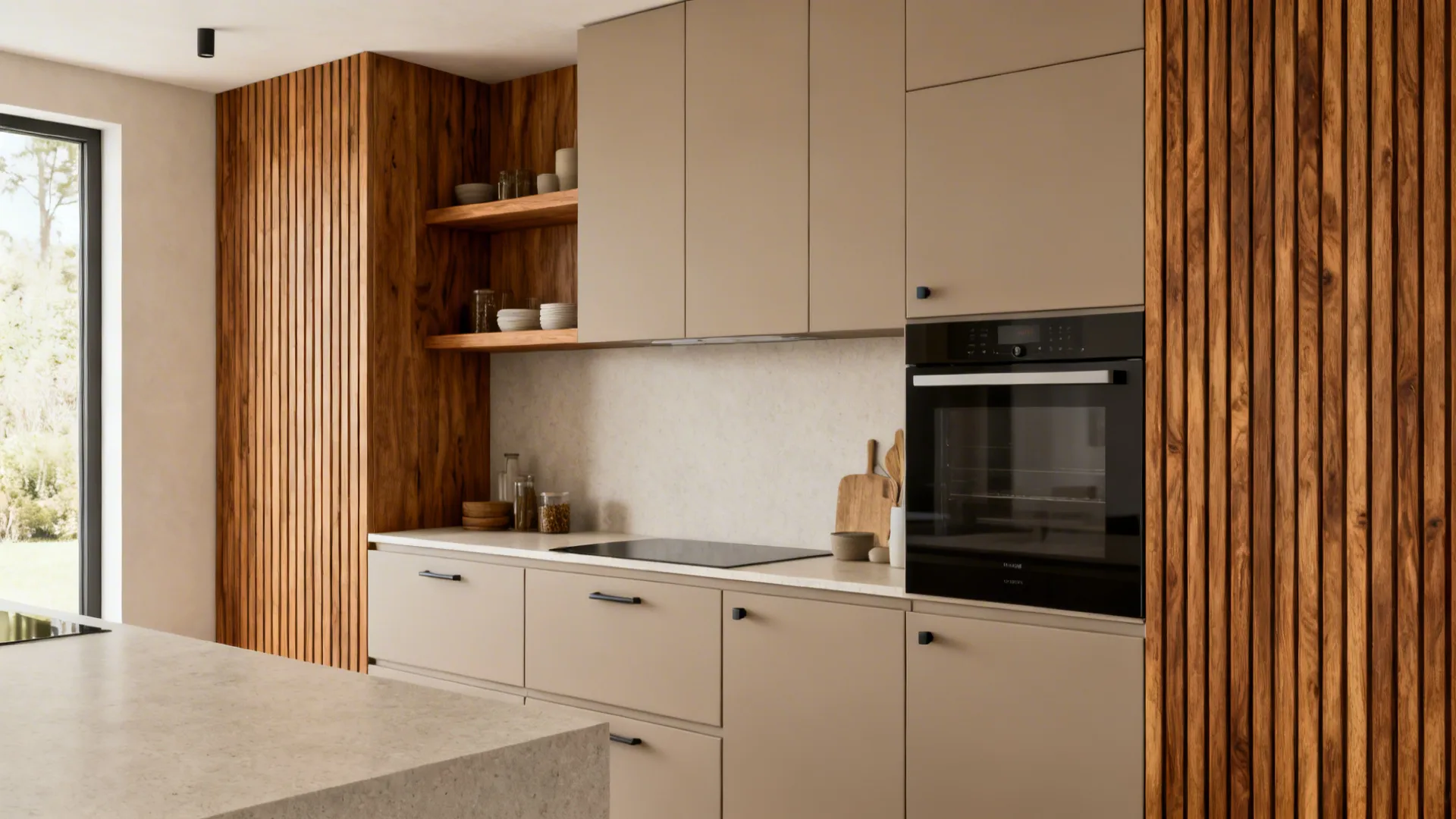 Modern kitchen mixing rift-cut oak accents with matte composite cabinets and quartz counters.