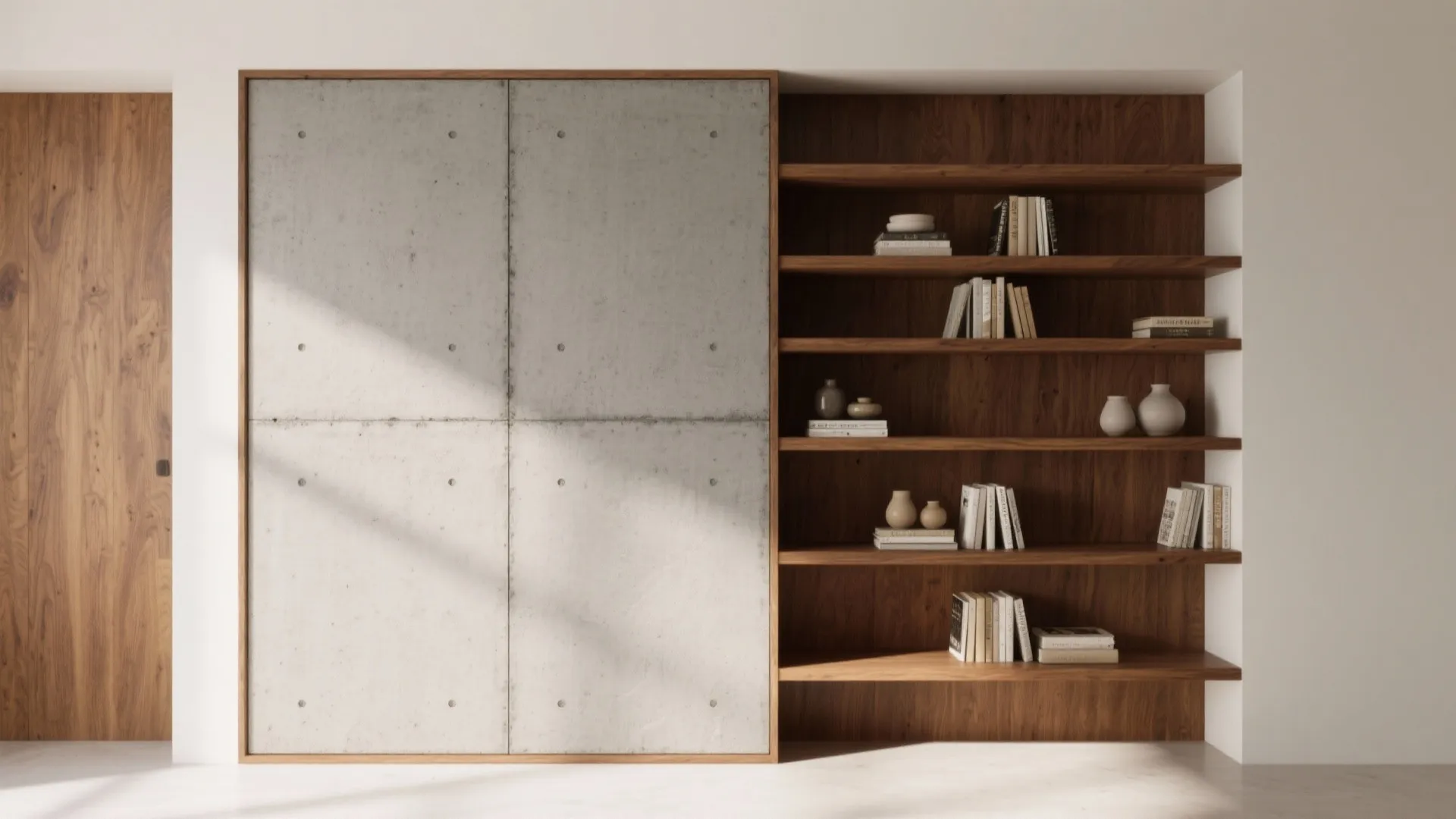 Warm Wood–Concrete Hybrid Shelving Wall