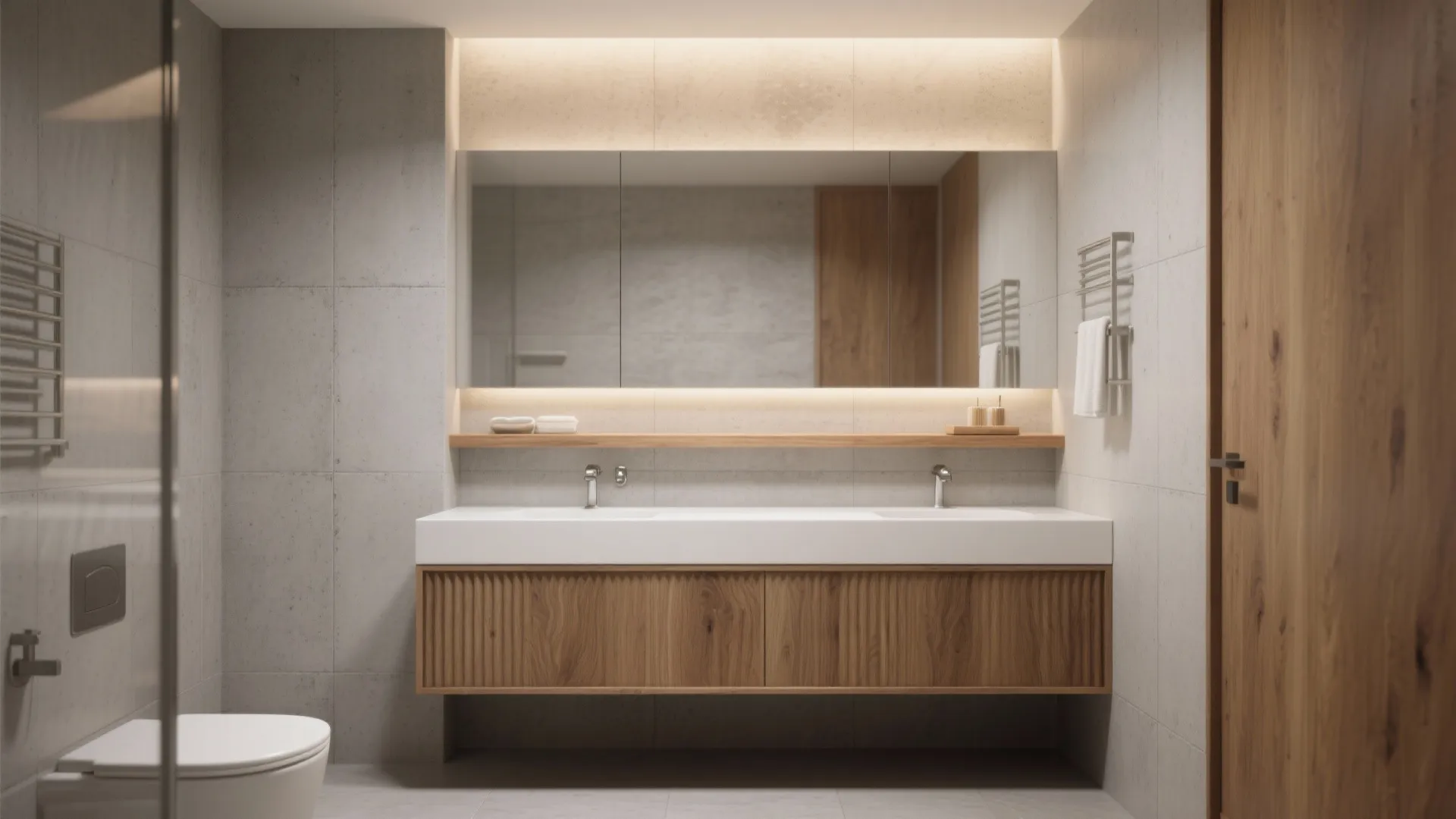 Warm fluted oak vanity and slim shelf set against soft-gray concrete tiles for an inviting boutique look.