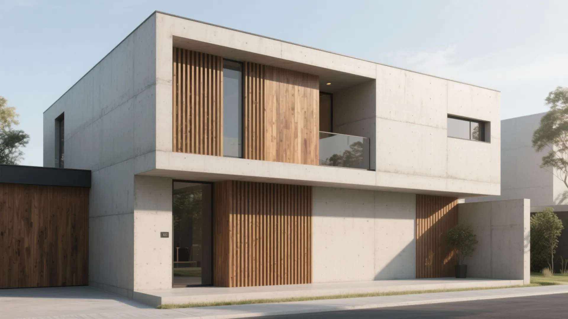 Modern two story house featuring a grey concrete facade with vertical wooden panels and large windows