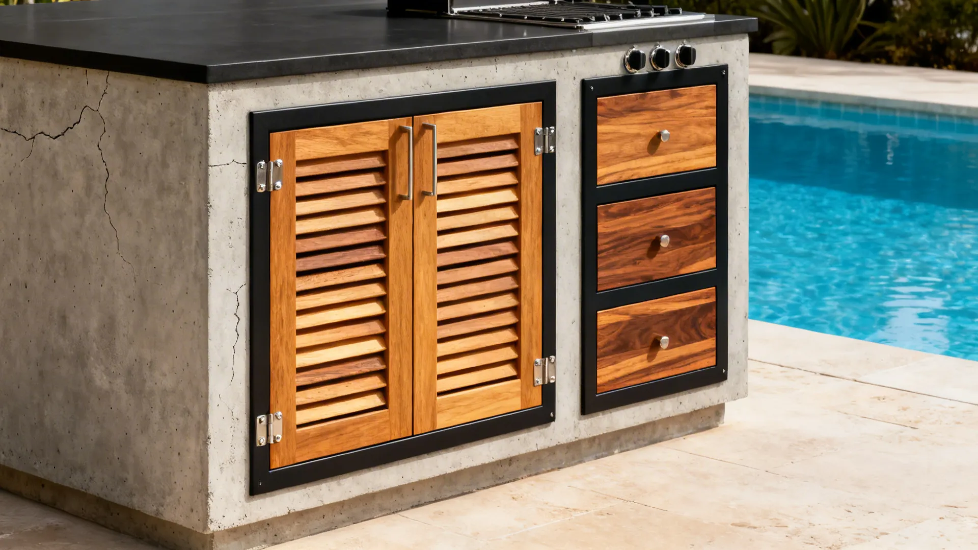 Outdoor concrete kitchen island with wood cabinet doors and drawers built next to a pool