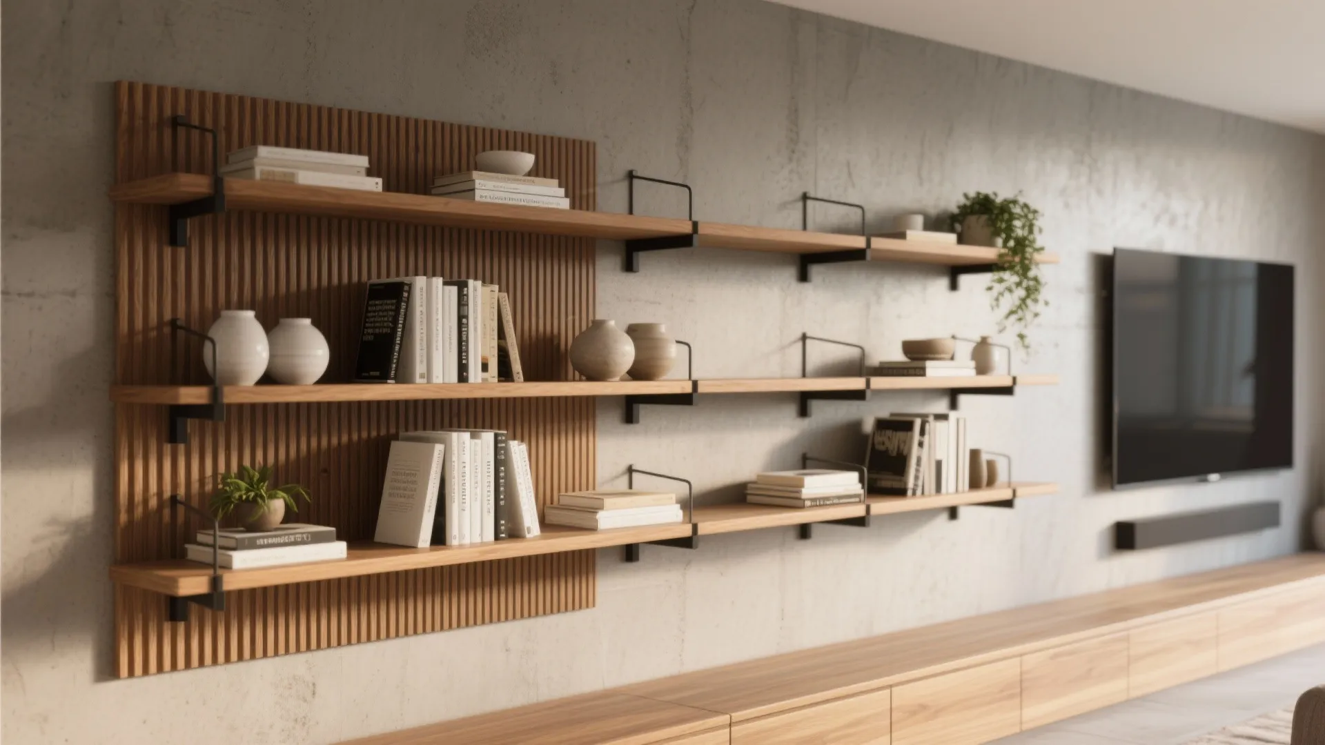 Wooden floating wall shelves with books and small plants next to a large television screen