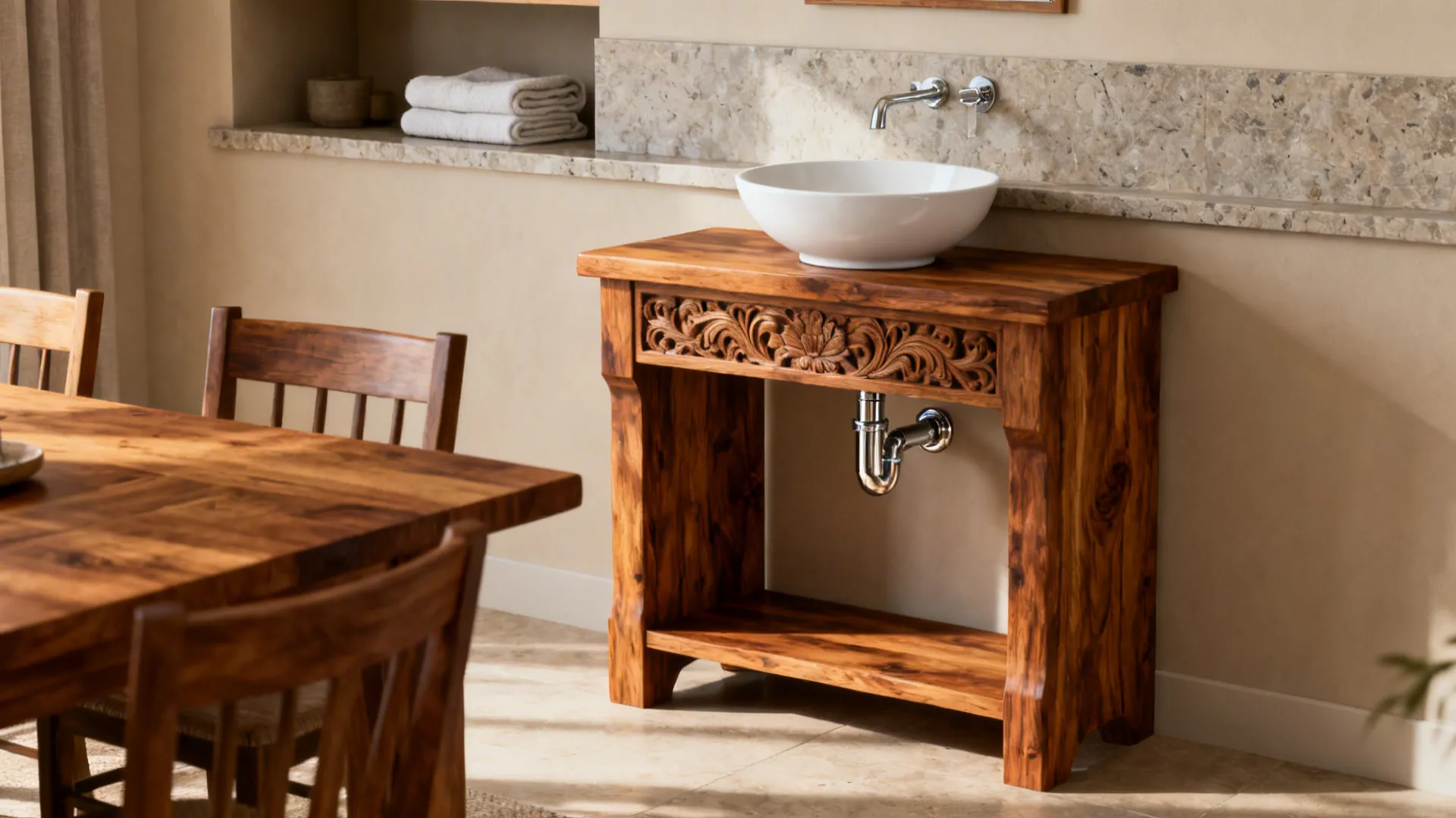 Vintage teak console with a white ceramic vessel bowl in a dining room.