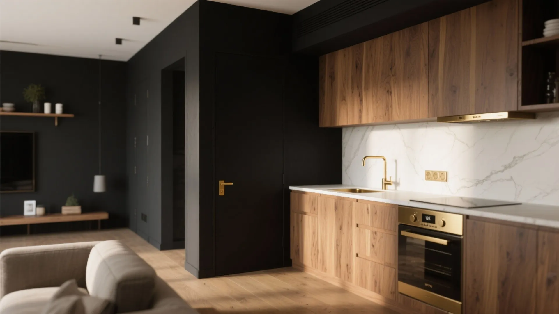 Interior view of warm wood floors and cabinetry contrasted with matte black walls and brass accents.