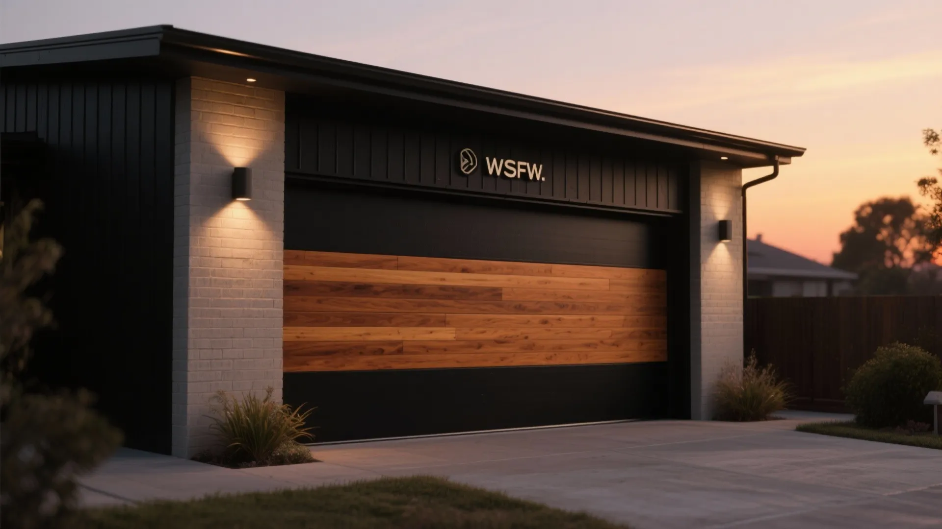 Modern black garage door with wood panel contrast and two wall lights on white brick