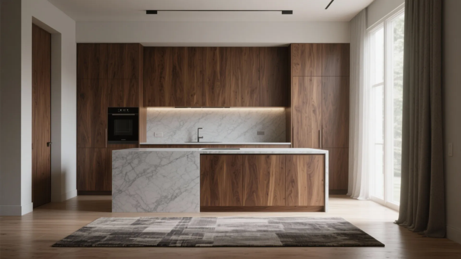Grey quartz countertop paired with warm walnut cabinets creating balanced modern contrast
