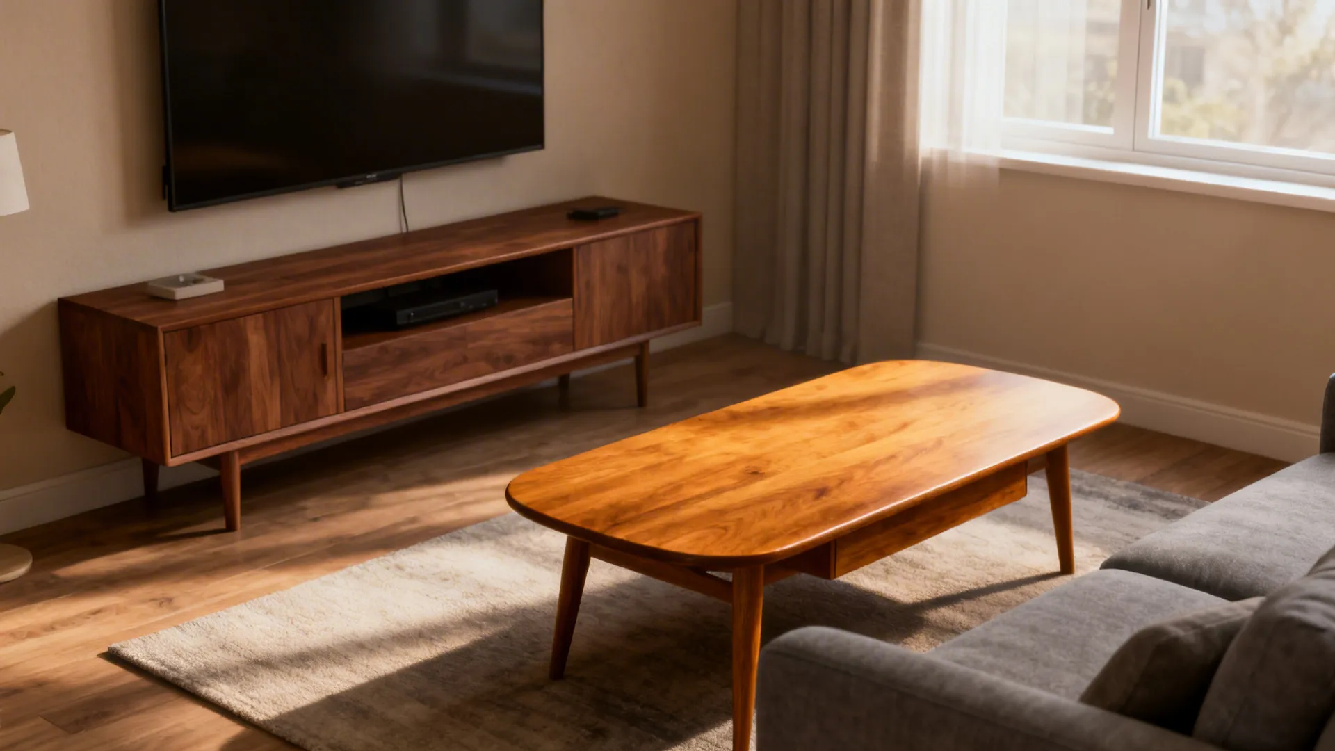 Gray sofa paired with honey-oak coffee table and walnut console creating warm contrast